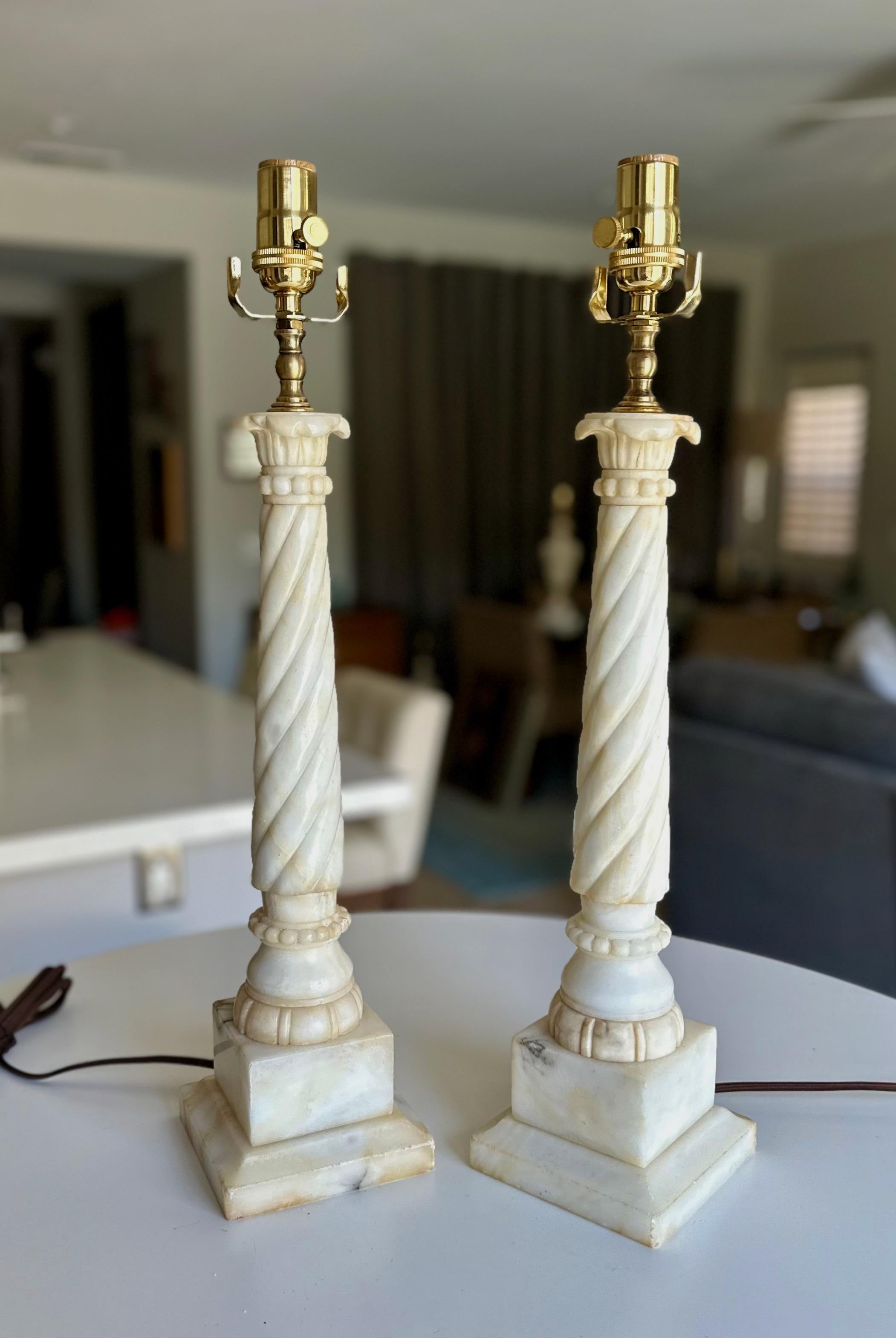 Pair Italian Neoclassic Column Alabaster Table Lamps For Sale 2