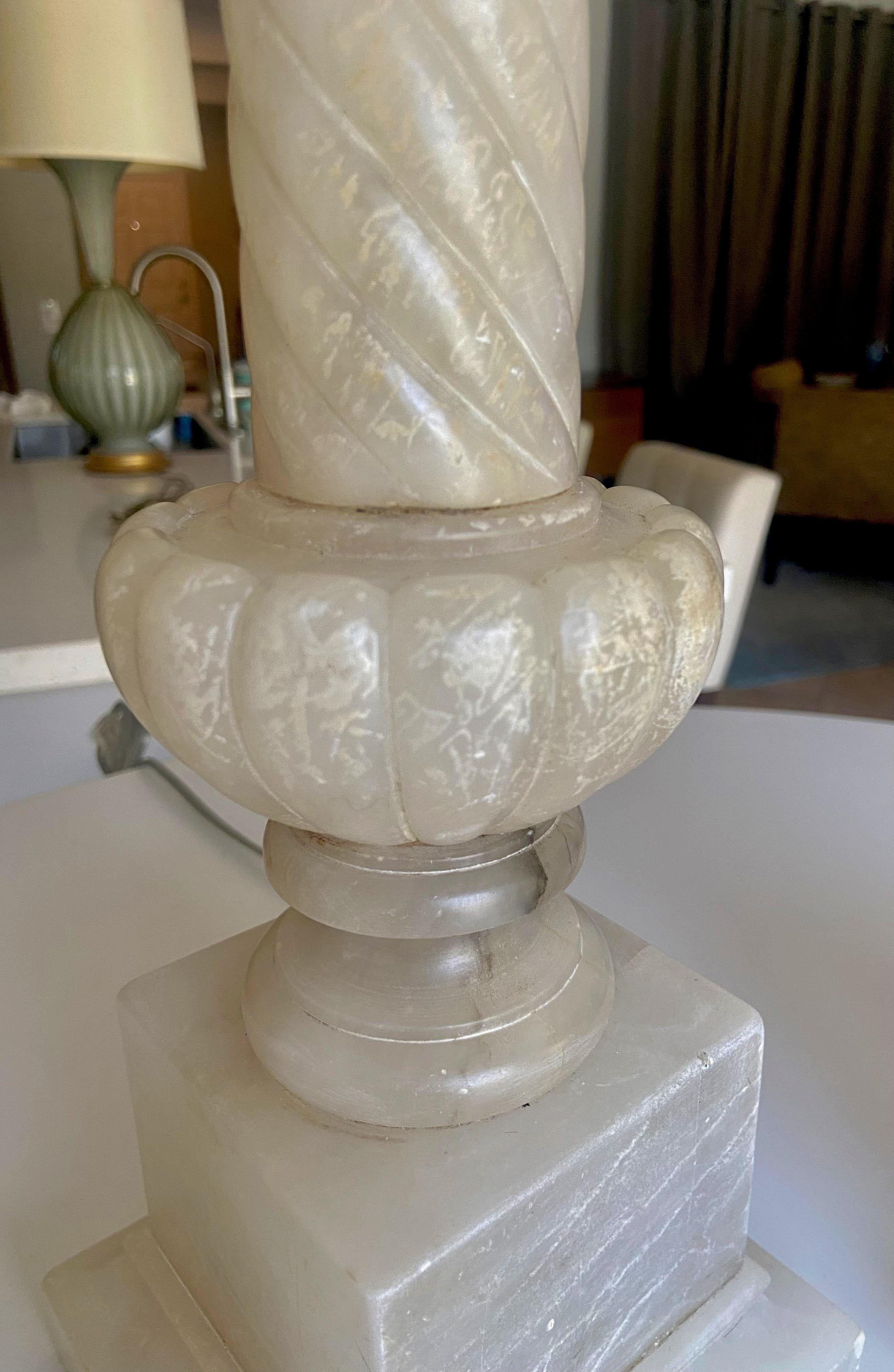 Pair Italian Neoclassic Column Alabaster Table Lamps 12