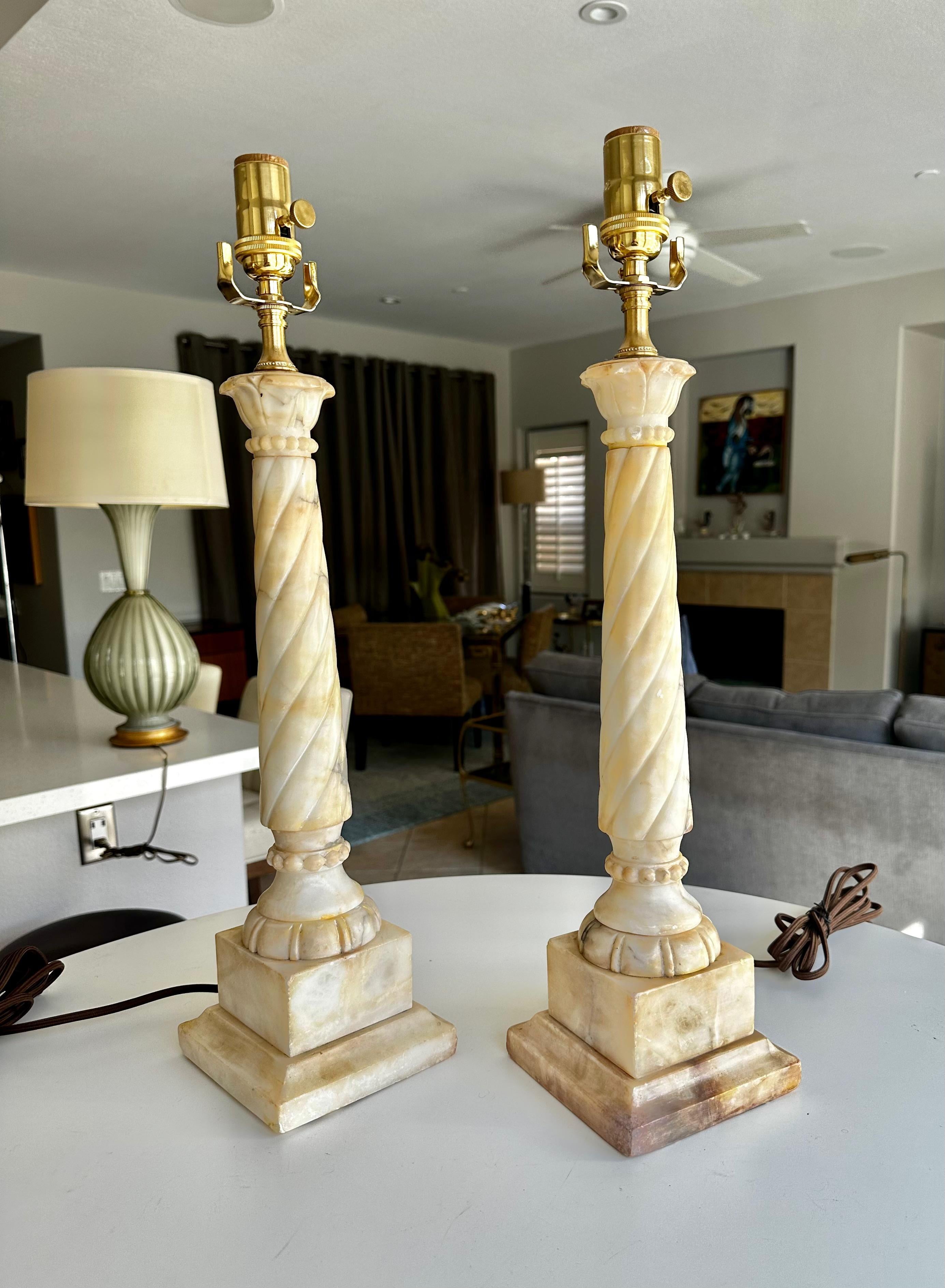 Pair Italian Neoclassic Column Alabaster Table Lamps 11
