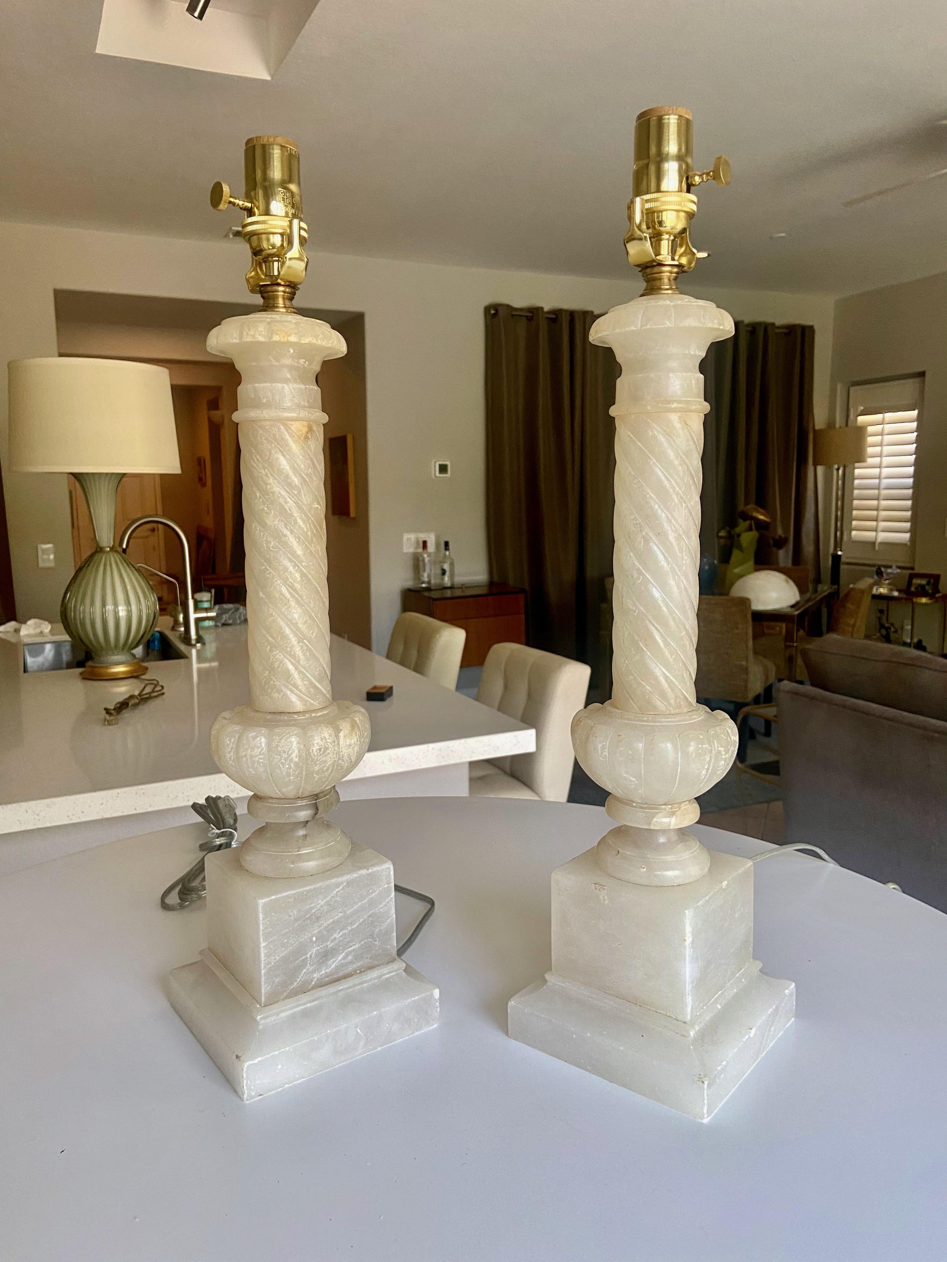Pair Italian Neoclassic Column Alabaster Table Lamps 13