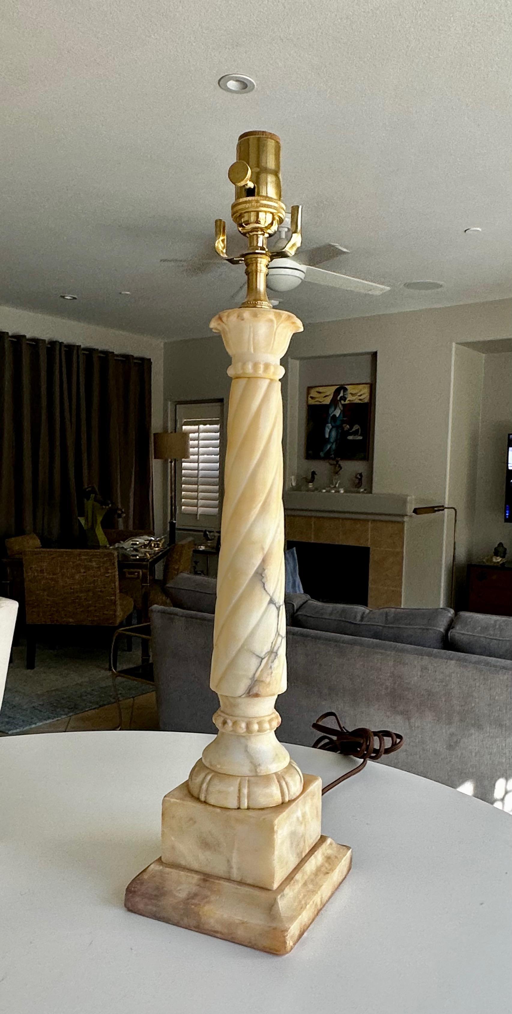 Pair Italian Neoclassic Column Alabaster Table Lamps 12