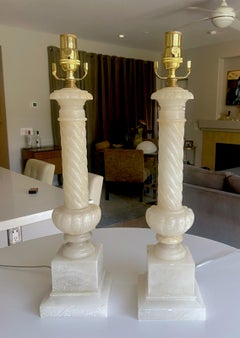 Pair Italian Neoclassic Column Alabaster Table Lamps