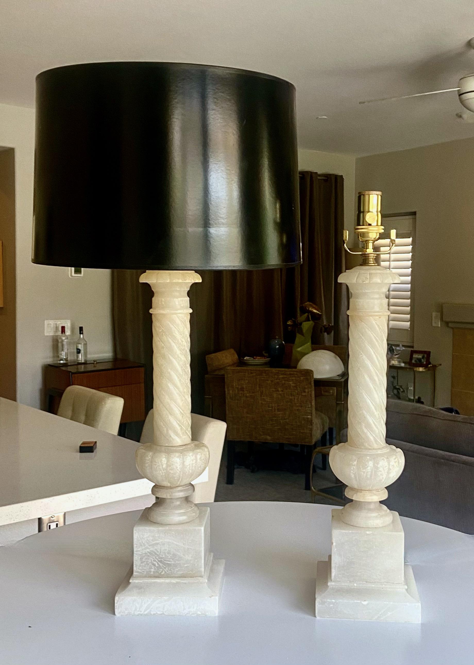 Pair Italian Neoclassic Column Alabaster Table Lamps 14