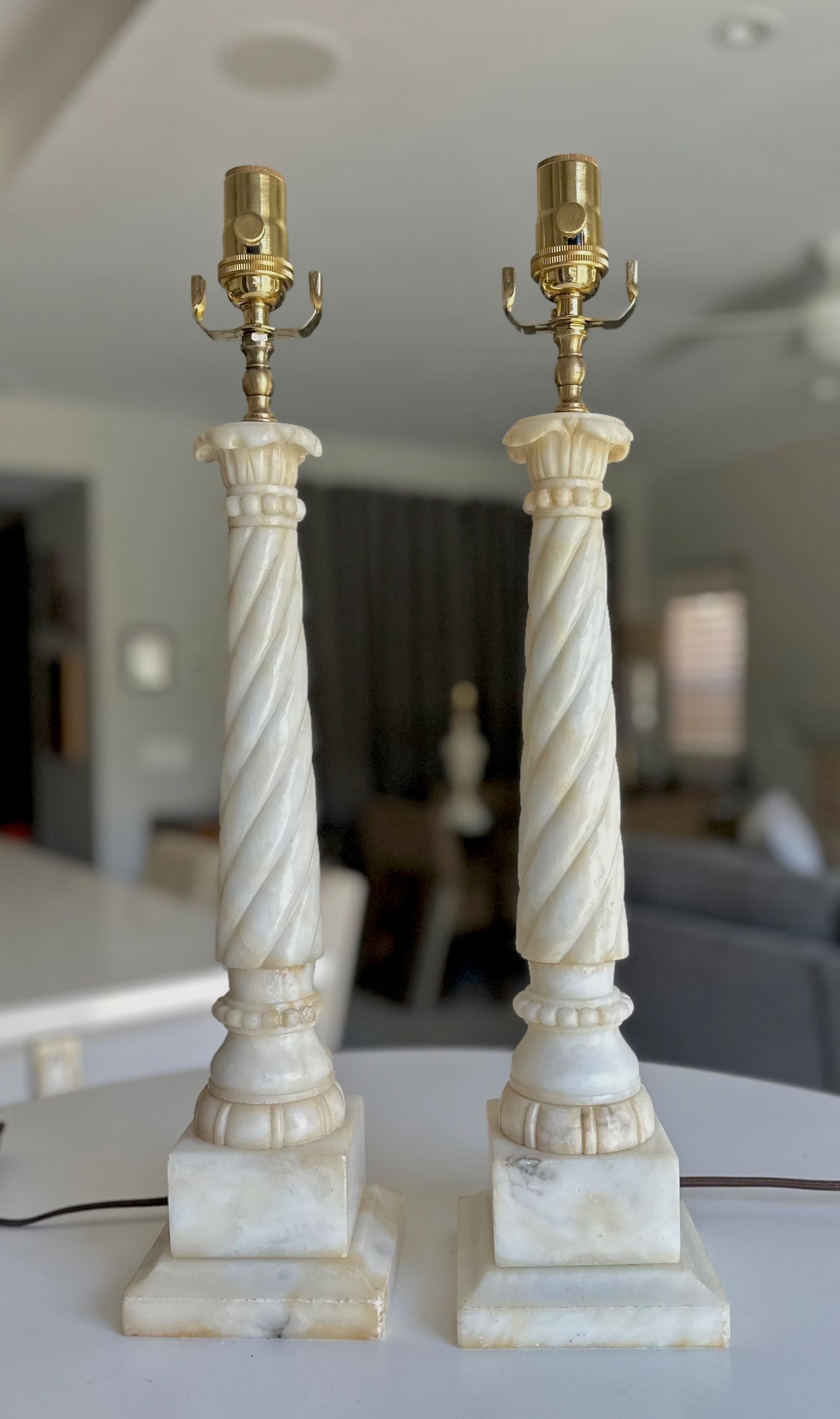 Classical Greek Pair Italian Neoclassic Column Alabaster Table Lamps For Sale