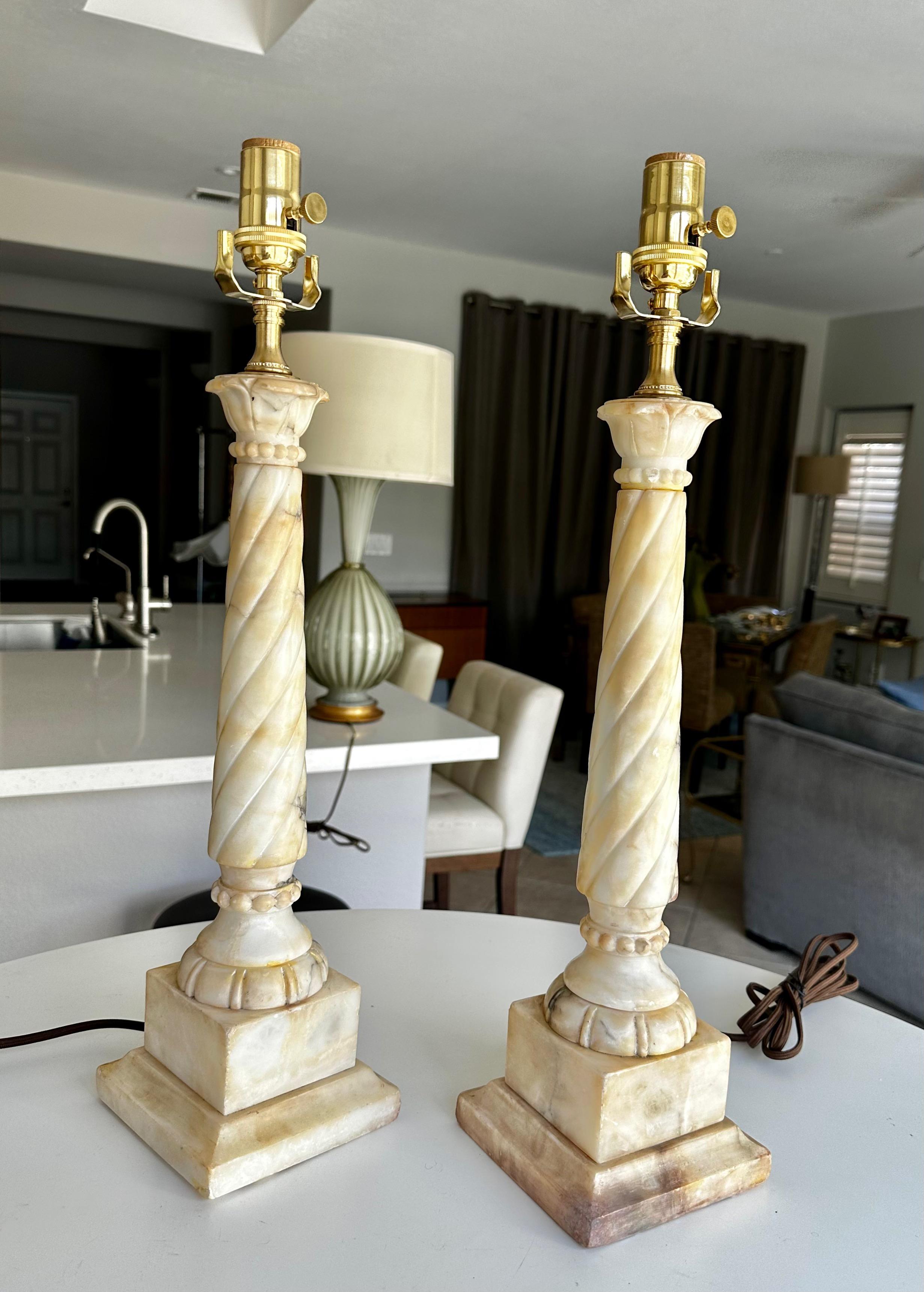 Classical Greek Pair Italian Neoclassic Column Alabaster Table Lamps
