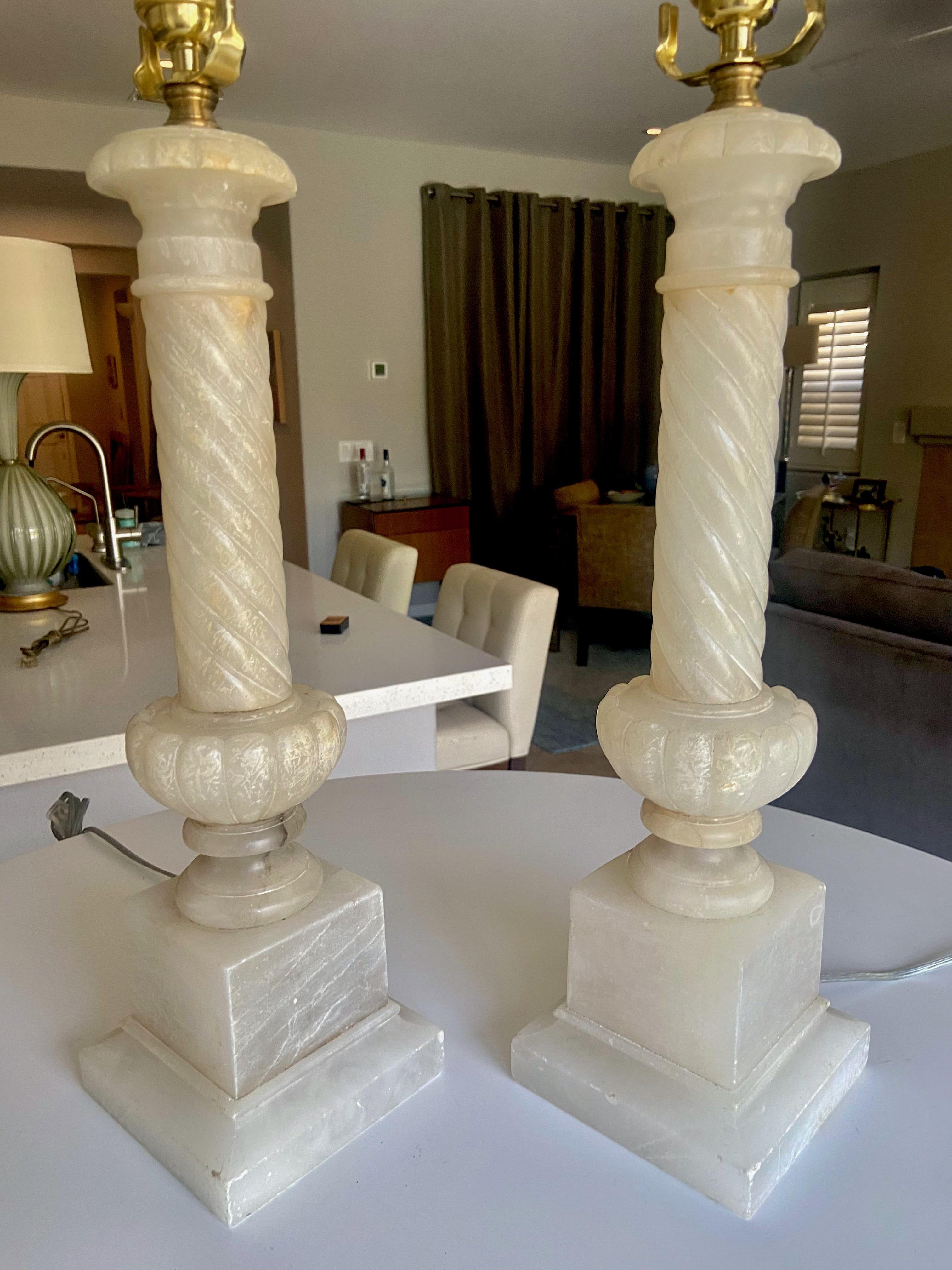 Mid-20th Century Pair Italian Neoclassic Column Alabaster Table Lamps