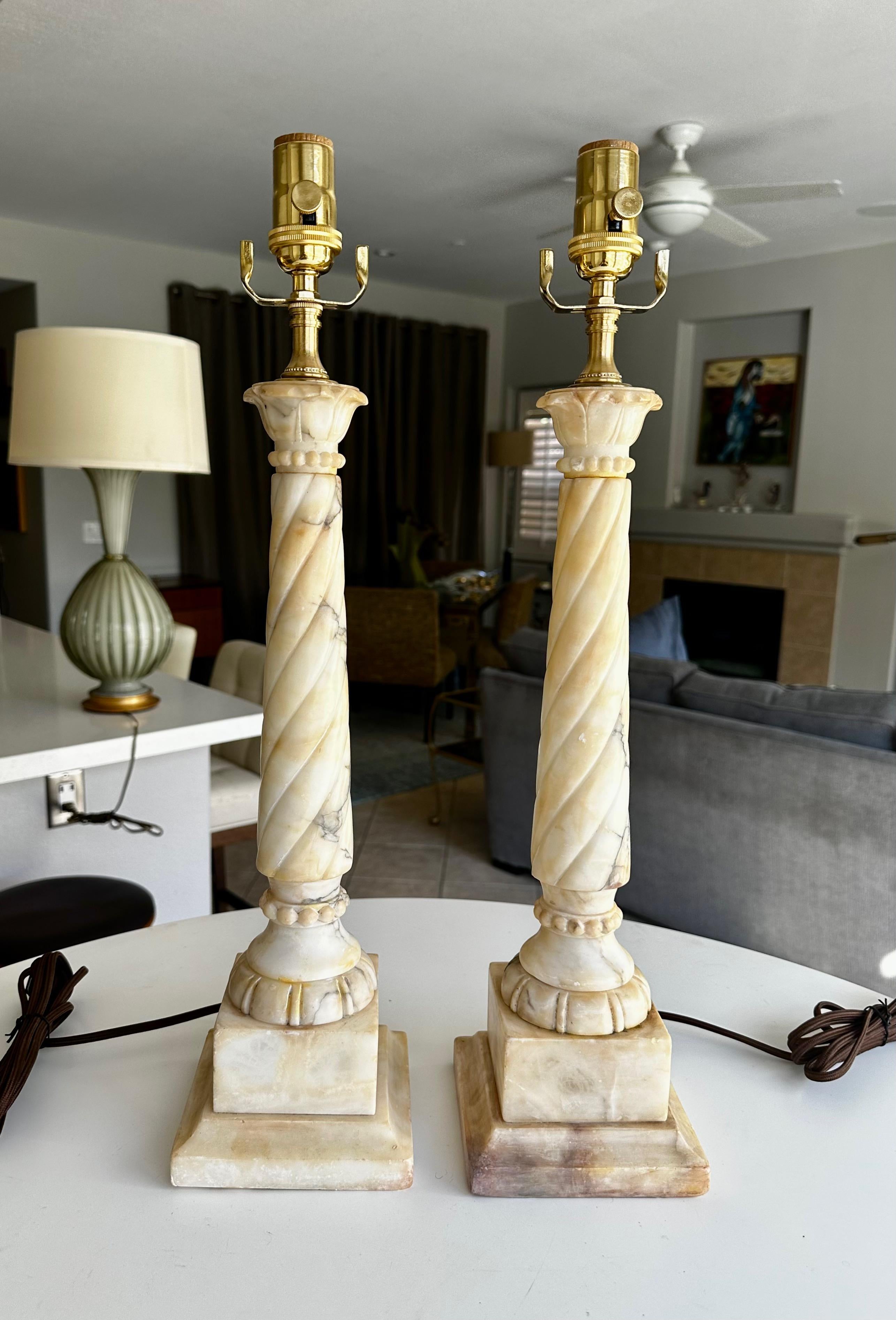 Pair Italian Neoclassic Column Alabaster Table Lamps In Good Condition In Palm Springs, CA