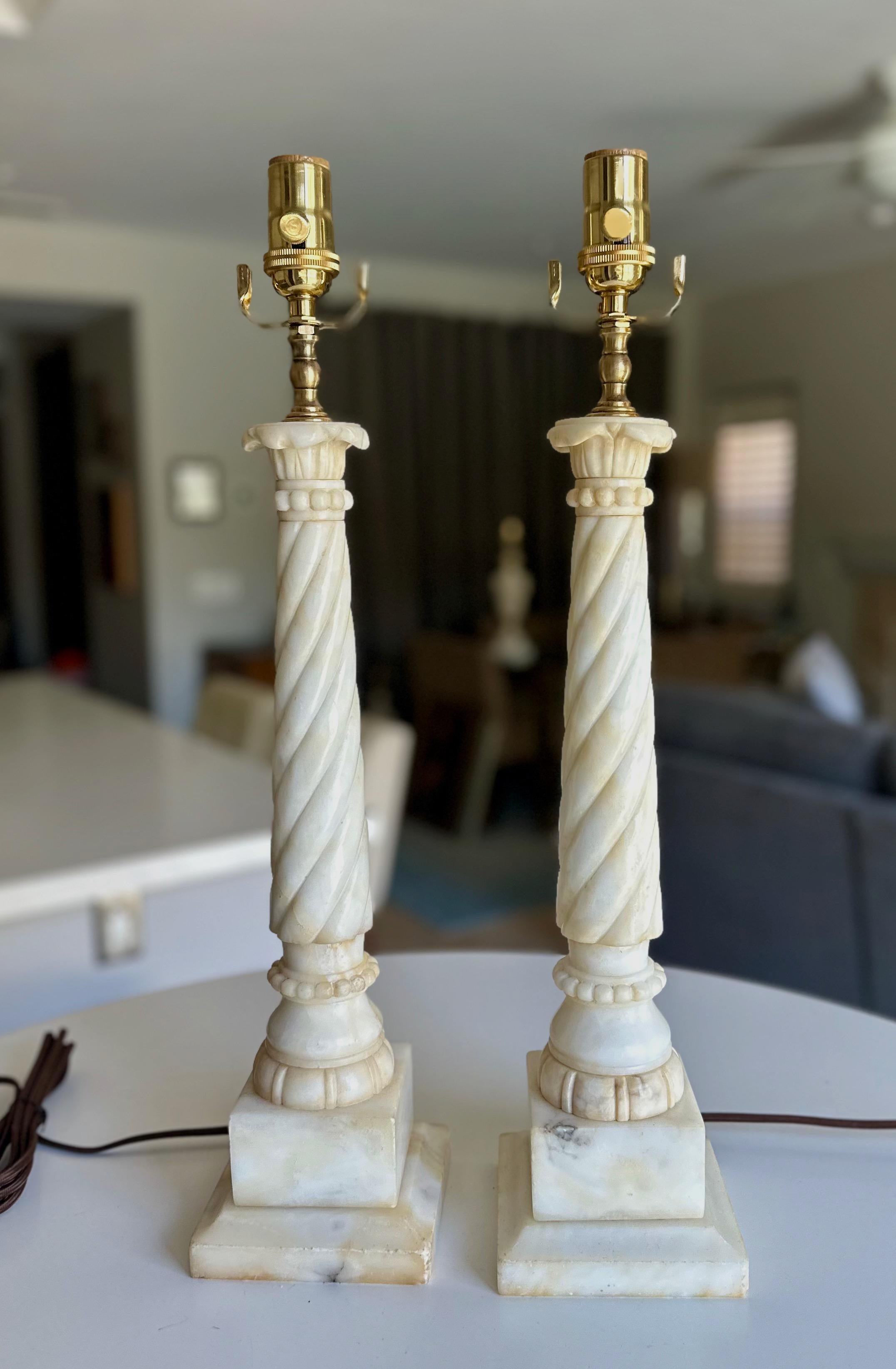 Mid-20th Century Pair Italian Neoclassic Column Alabaster Table Lamps For Sale
