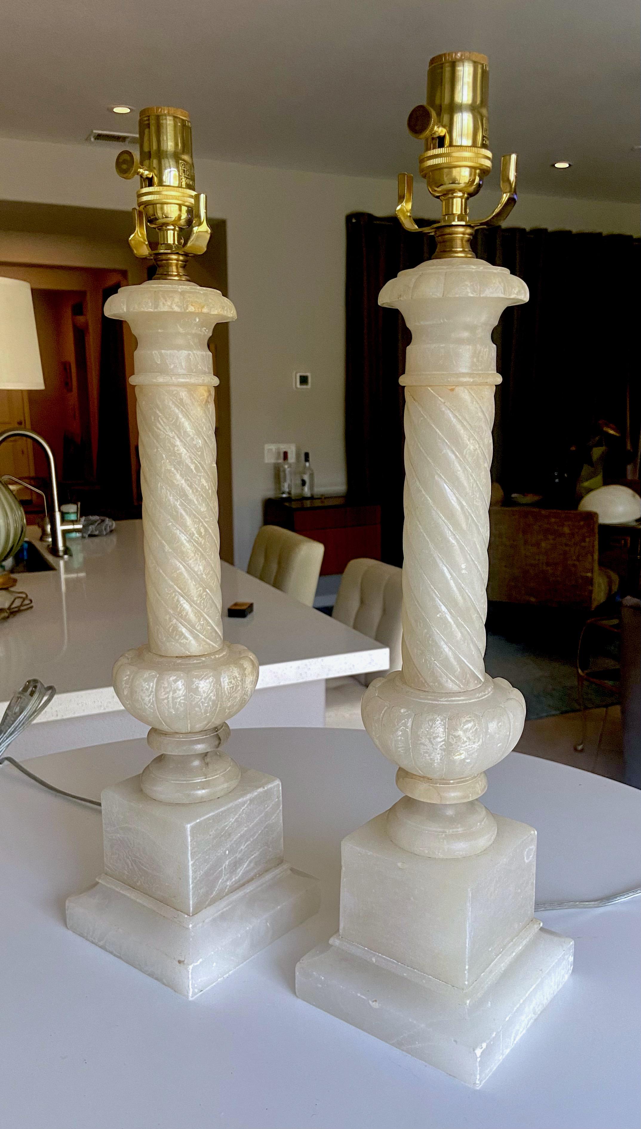 Brass Pair Italian Neoclassic Column Alabaster Table Lamps