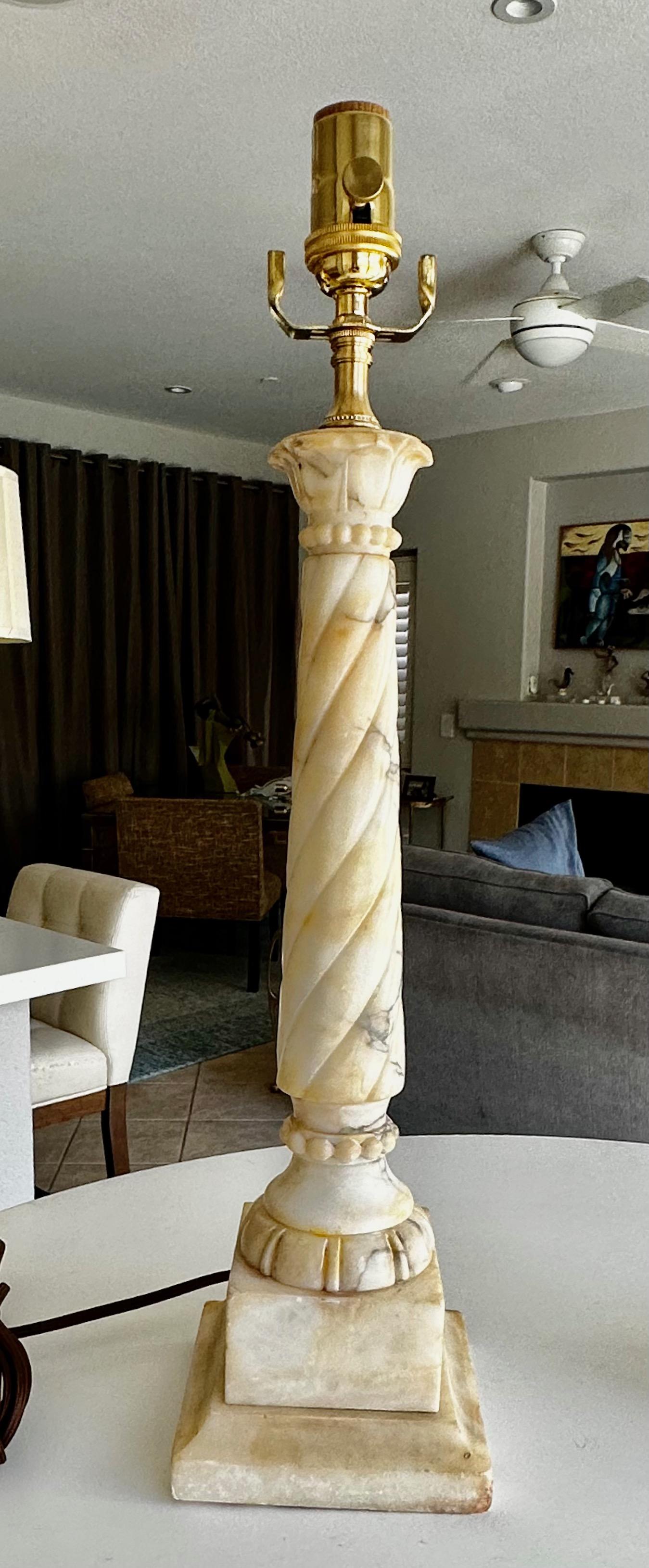Mid-20th Century Pair Italian Neoclassic Column Alabaster Table Lamps