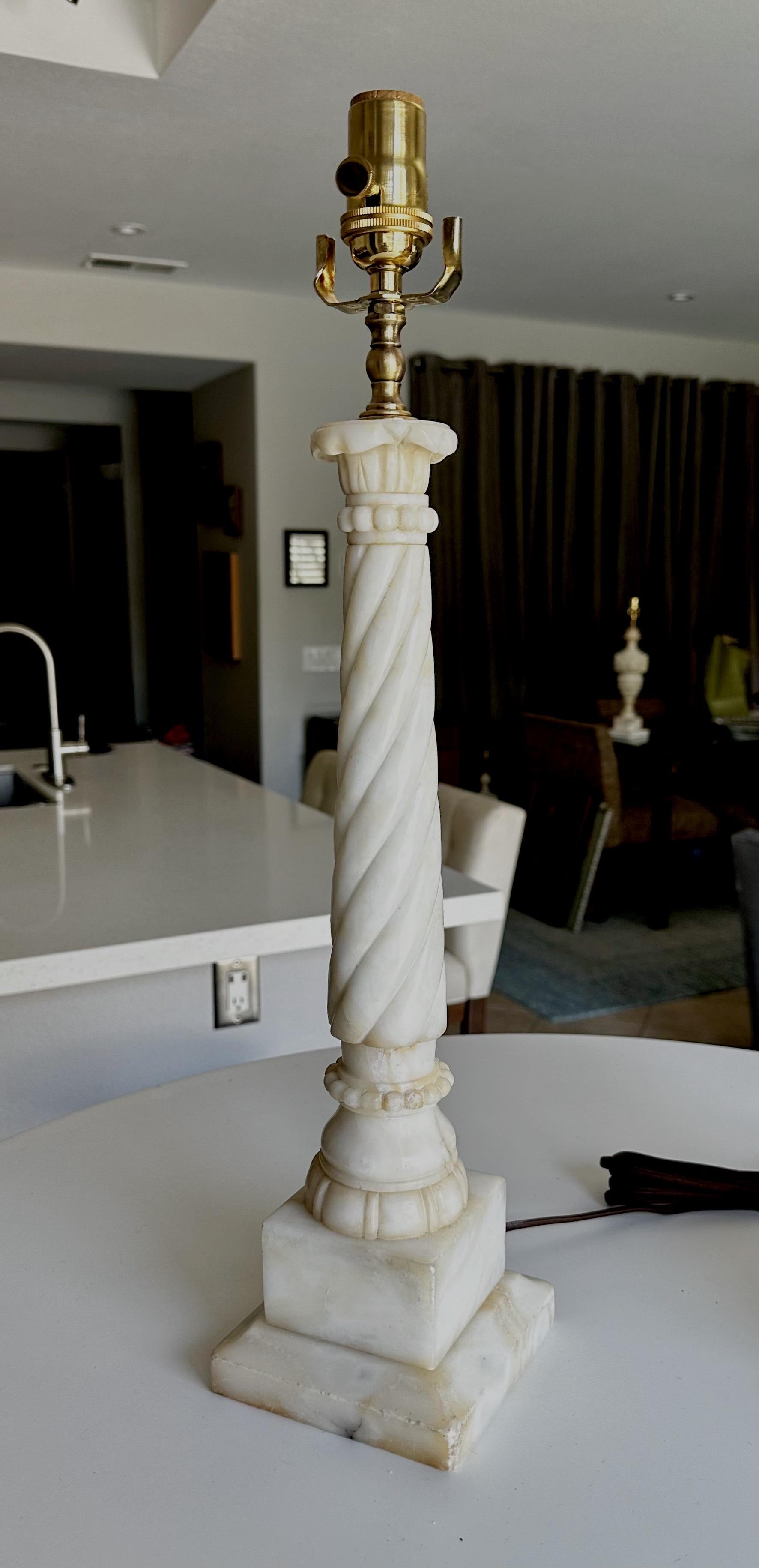 Pair Italian Neoclassic Column Alabaster Table Lamps For Sale 4