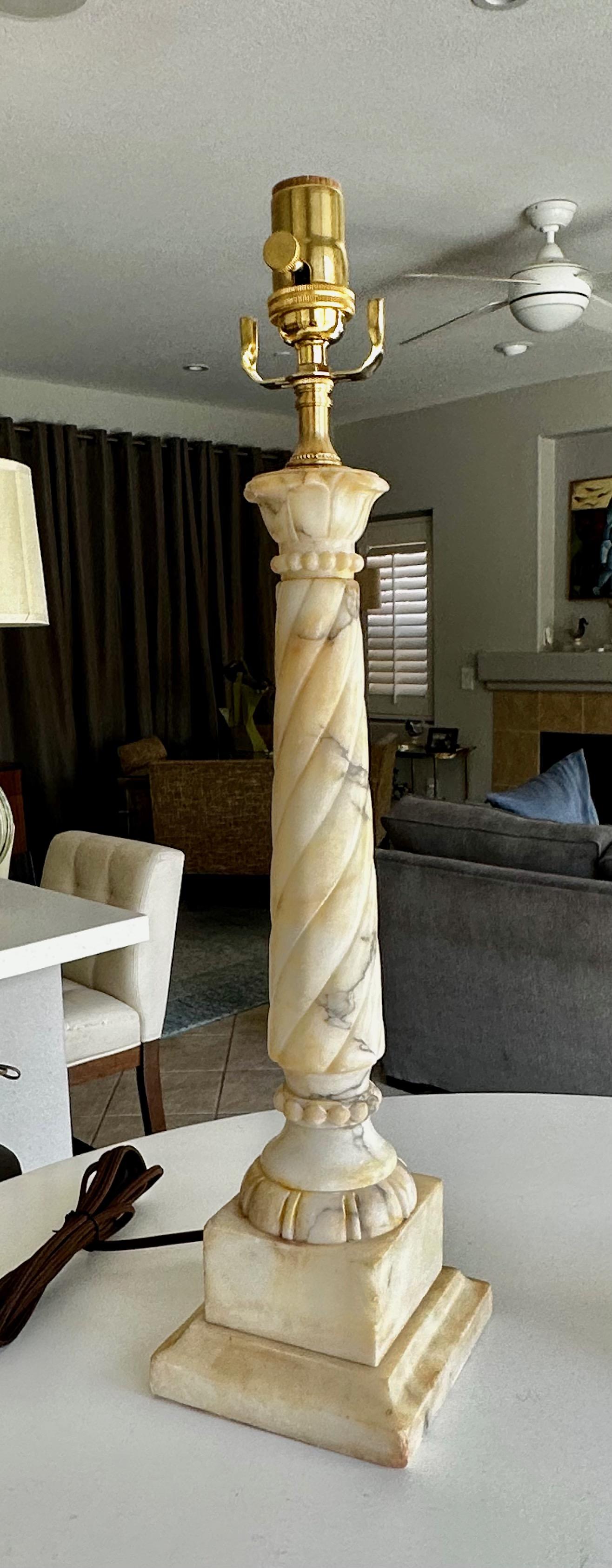 Brass Pair Italian Neoclassic Column Alabaster Table Lamps