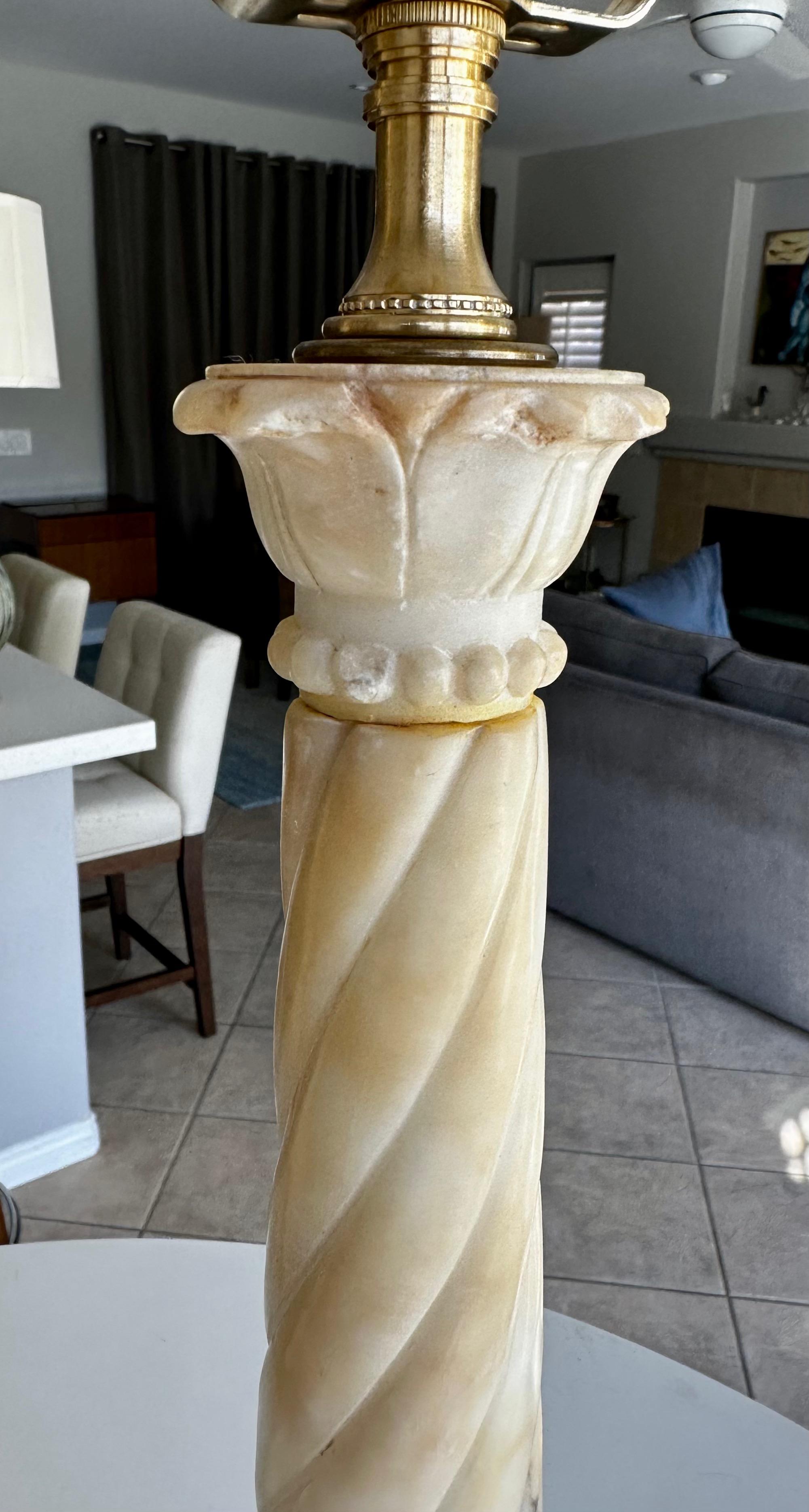 Pair Italian Neoclassic Column Alabaster Table Lamps 1
