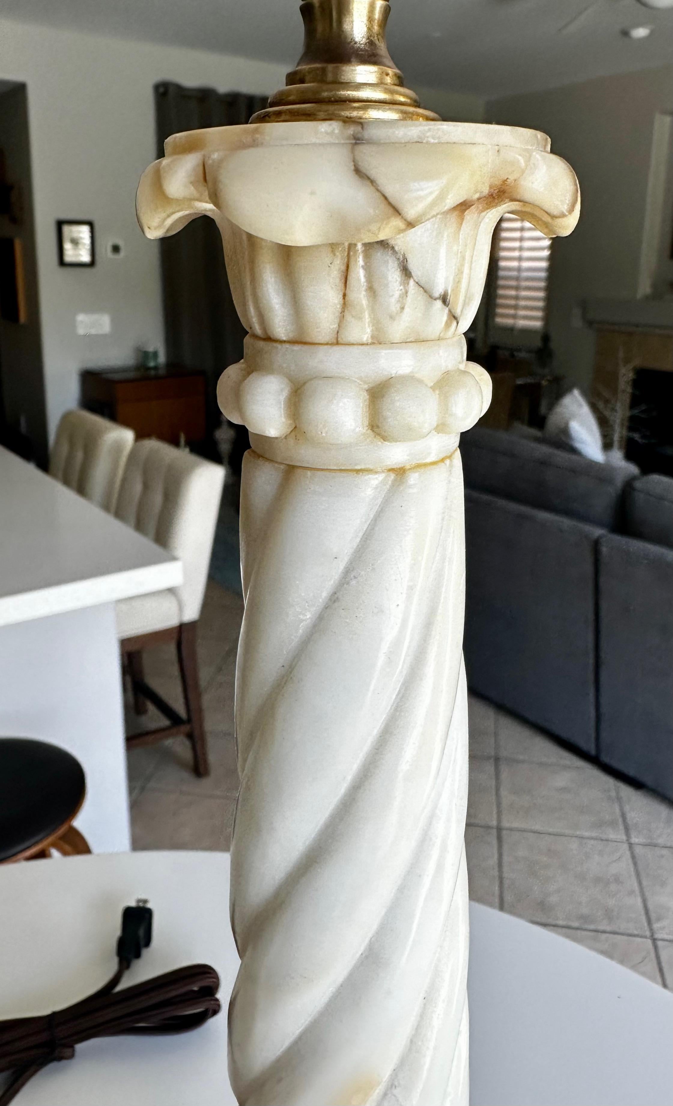 Pair Italian Neoclassic Column Alabaster Table Lamps For Sale 3