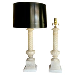 Pair Italian Neoclassic Column Alabaster Table Lamps