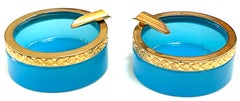 Pair Italian Neoclassic Ormolu & Blue Opaline Diminutive Ashtrays/ Portacenere
