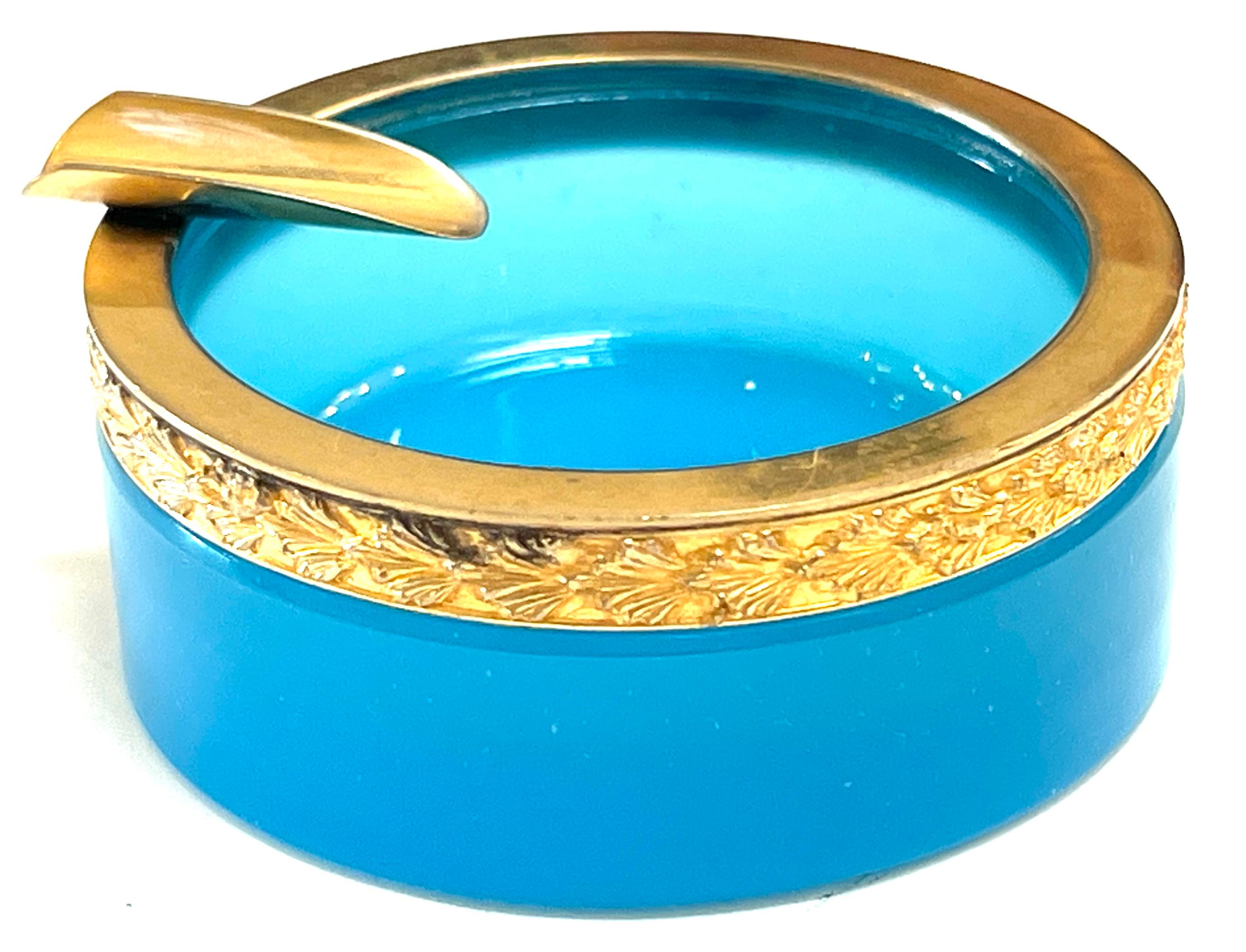 20th Century Pair Italian Neoclassic Ormolu & Blue Opaline Diminutive Ashtrays/ Portacenere For Sale