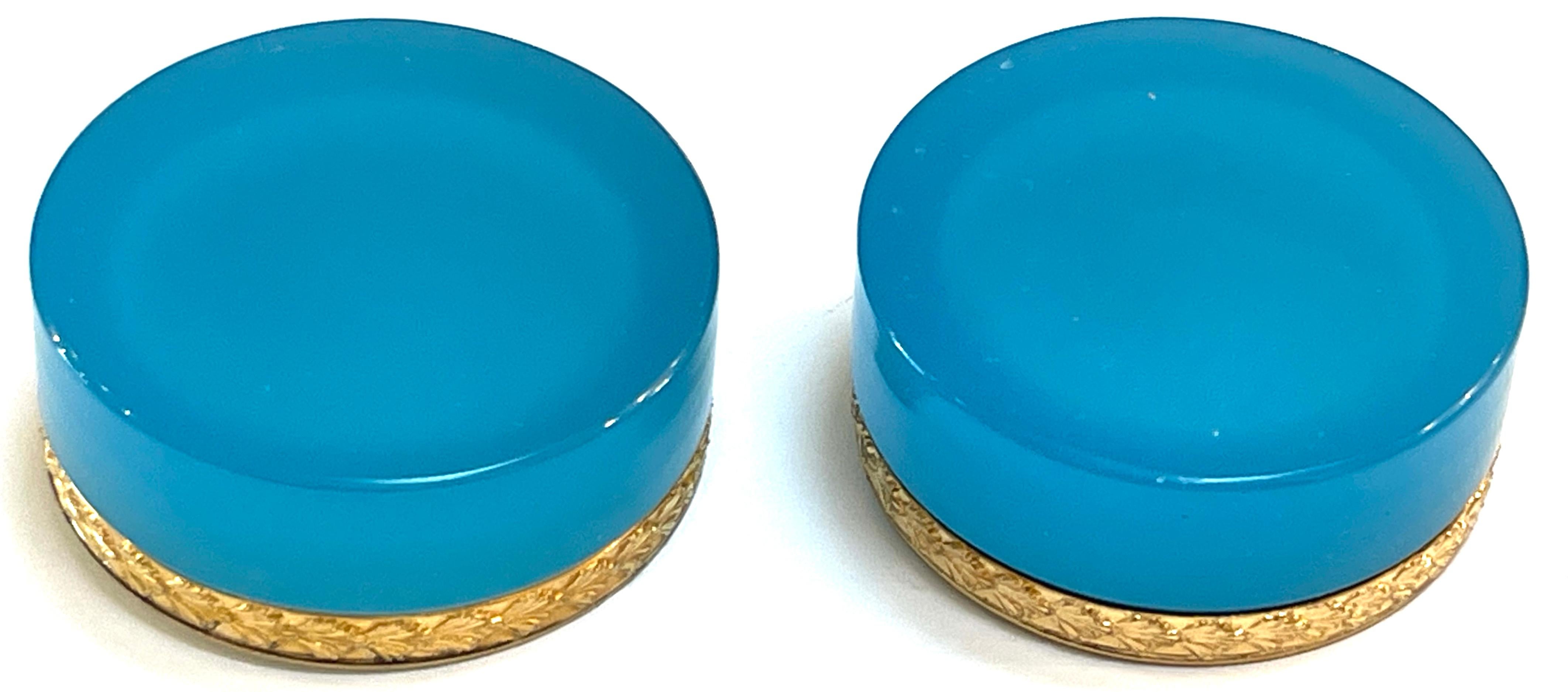 Opaline Glass Pair Italian Neoclassic Ormolu & Blue Opaline Diminutive Ashtrays/ Portacenere For Sale