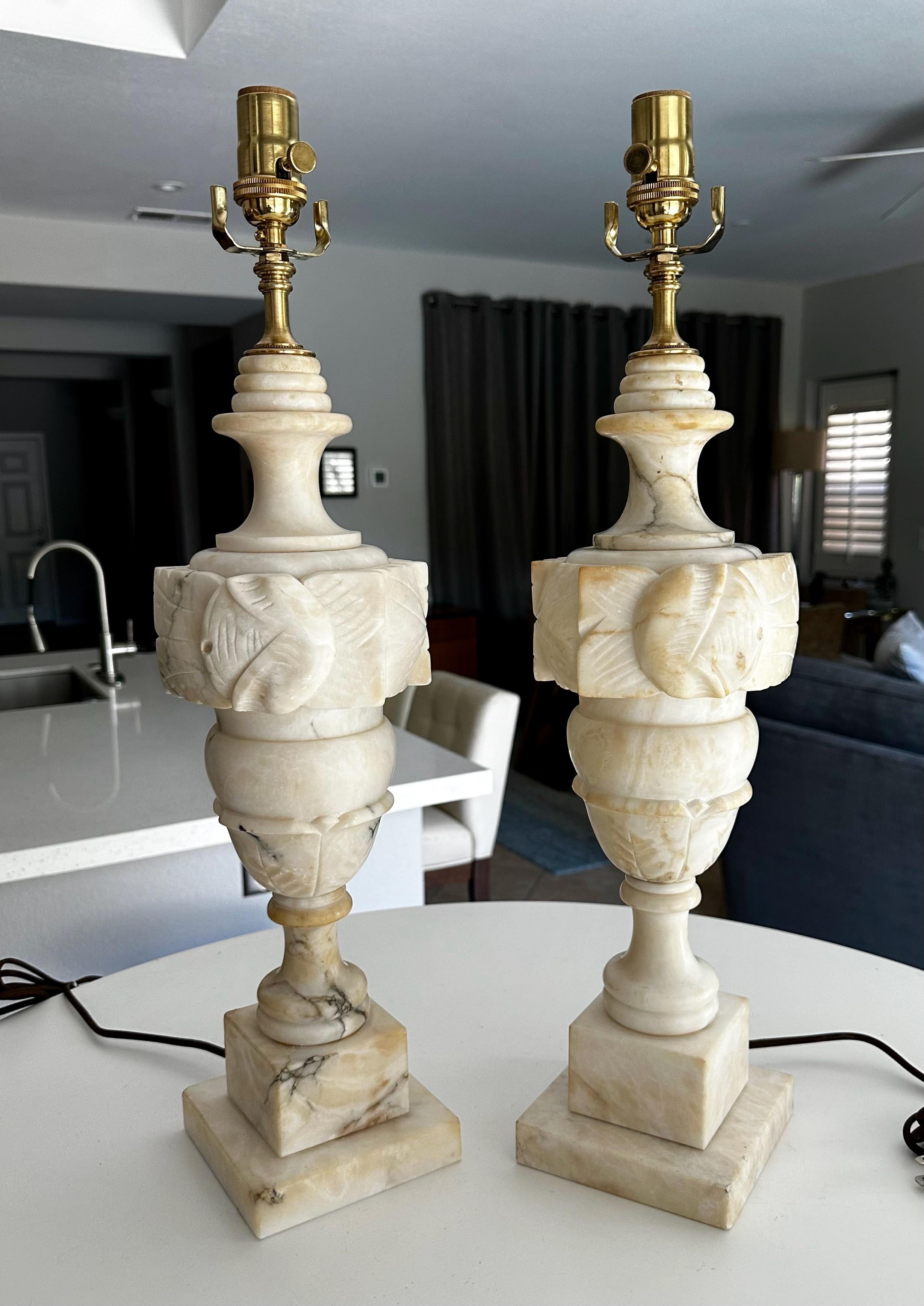 Brass Pair Italian Neoclassic Urn Alabaster Table Lamps For Sale