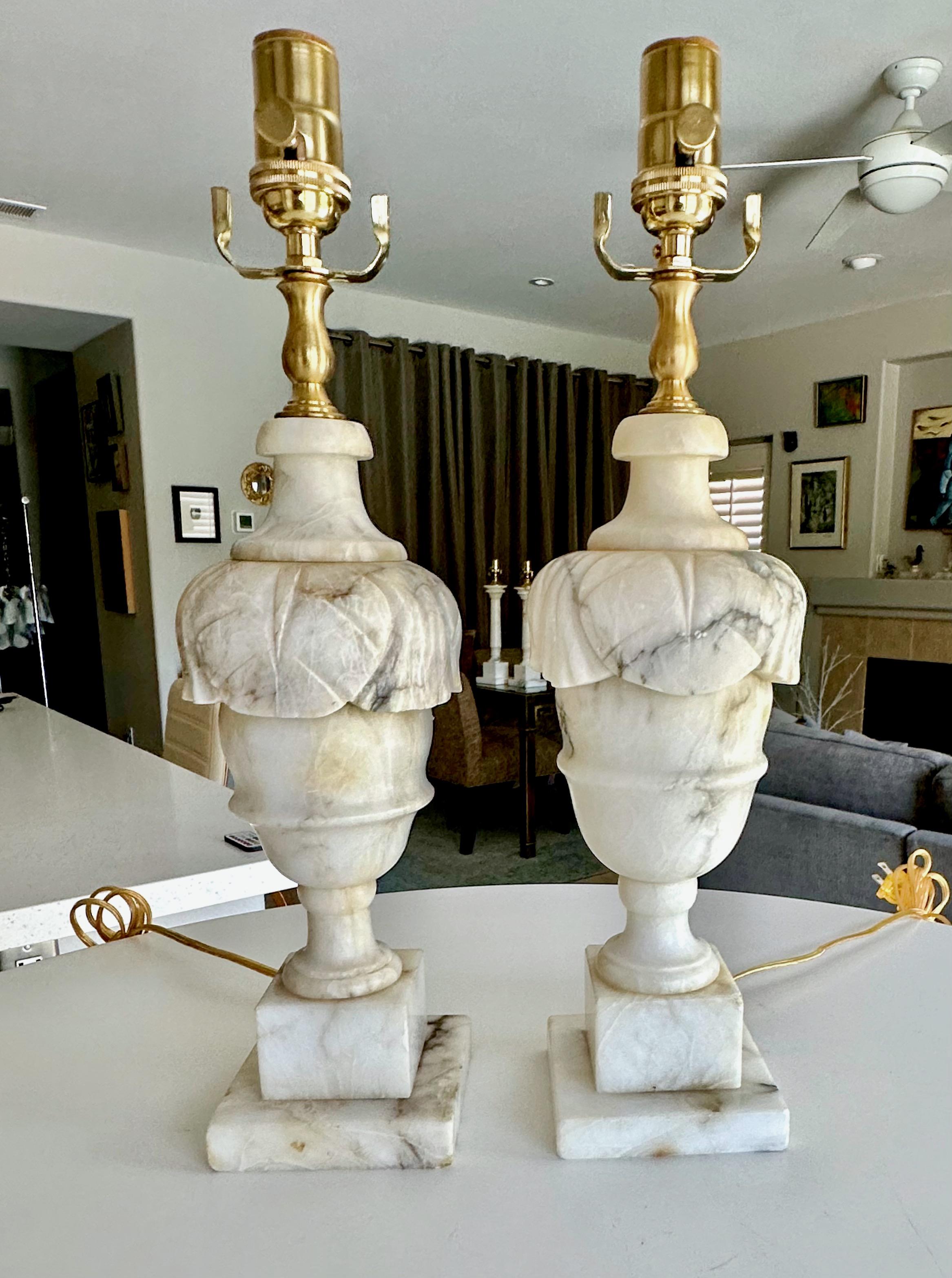 Pair Italian Neoclassic Urn Alabaster Table Lamps For Sale 4