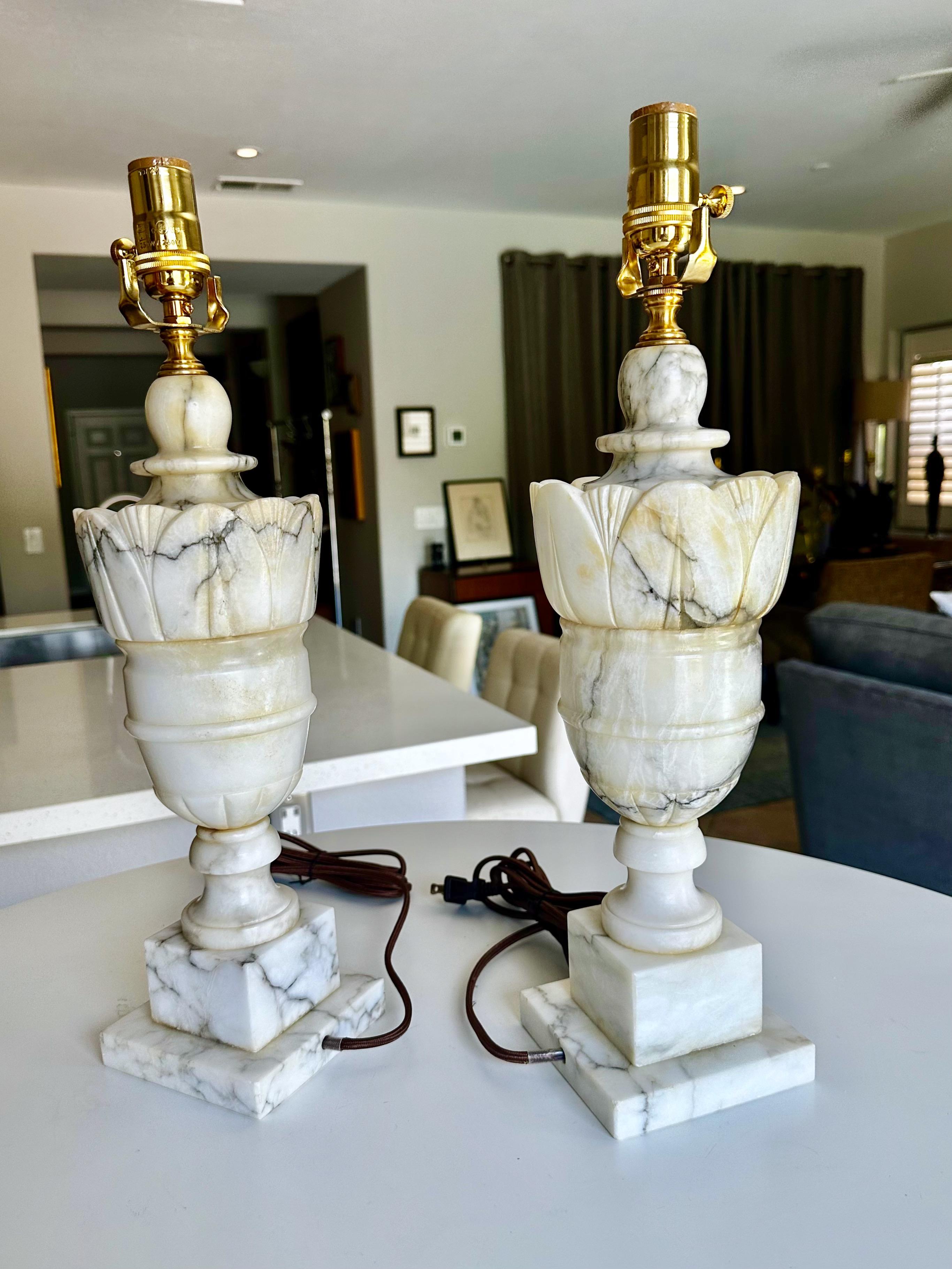 Pair Italian Neoclassic Urn Alabaster Table Lamps 5
