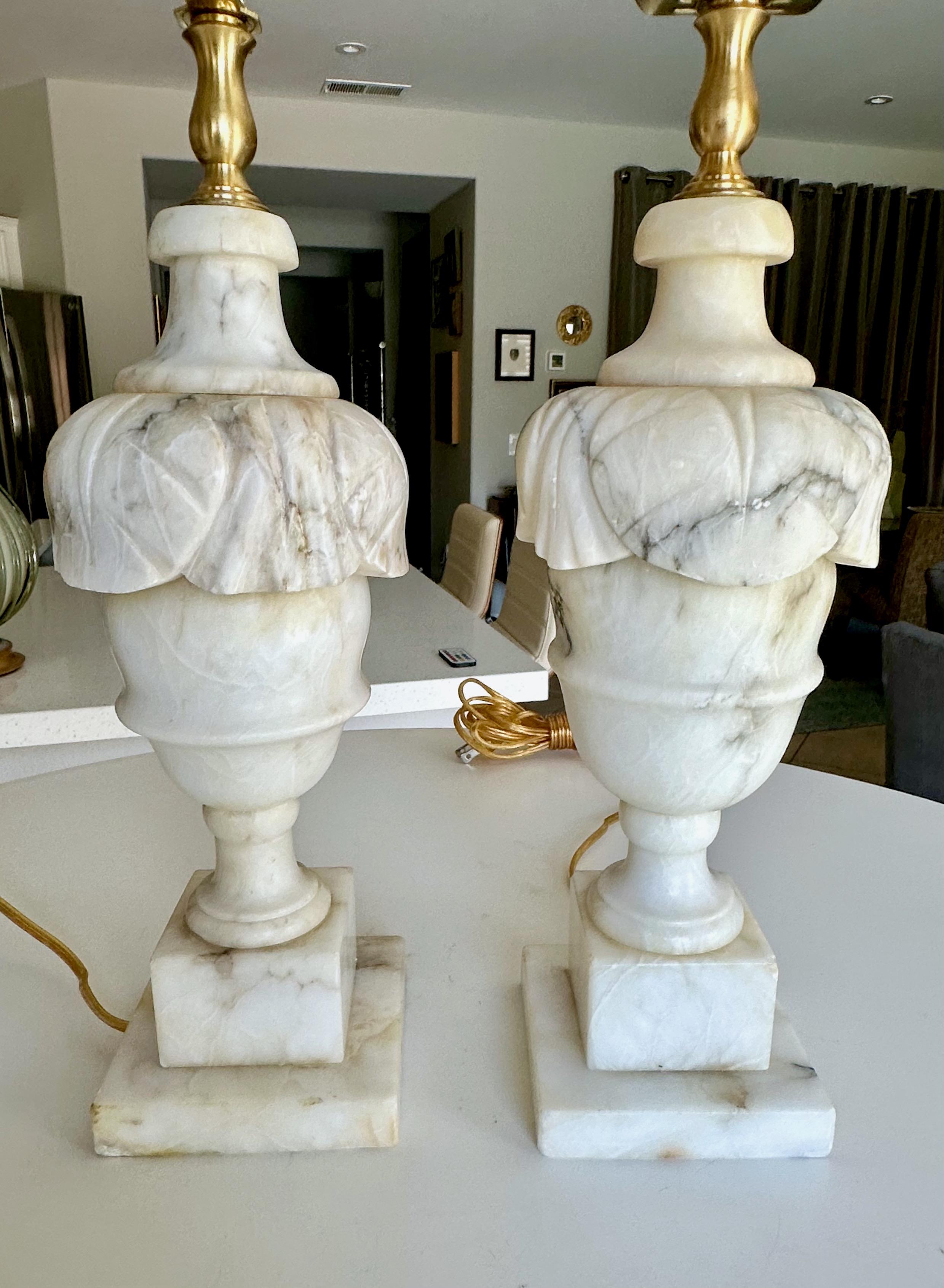 Pair Italian Neoclassic Urn Alabaster Table Lamps For Sale 5