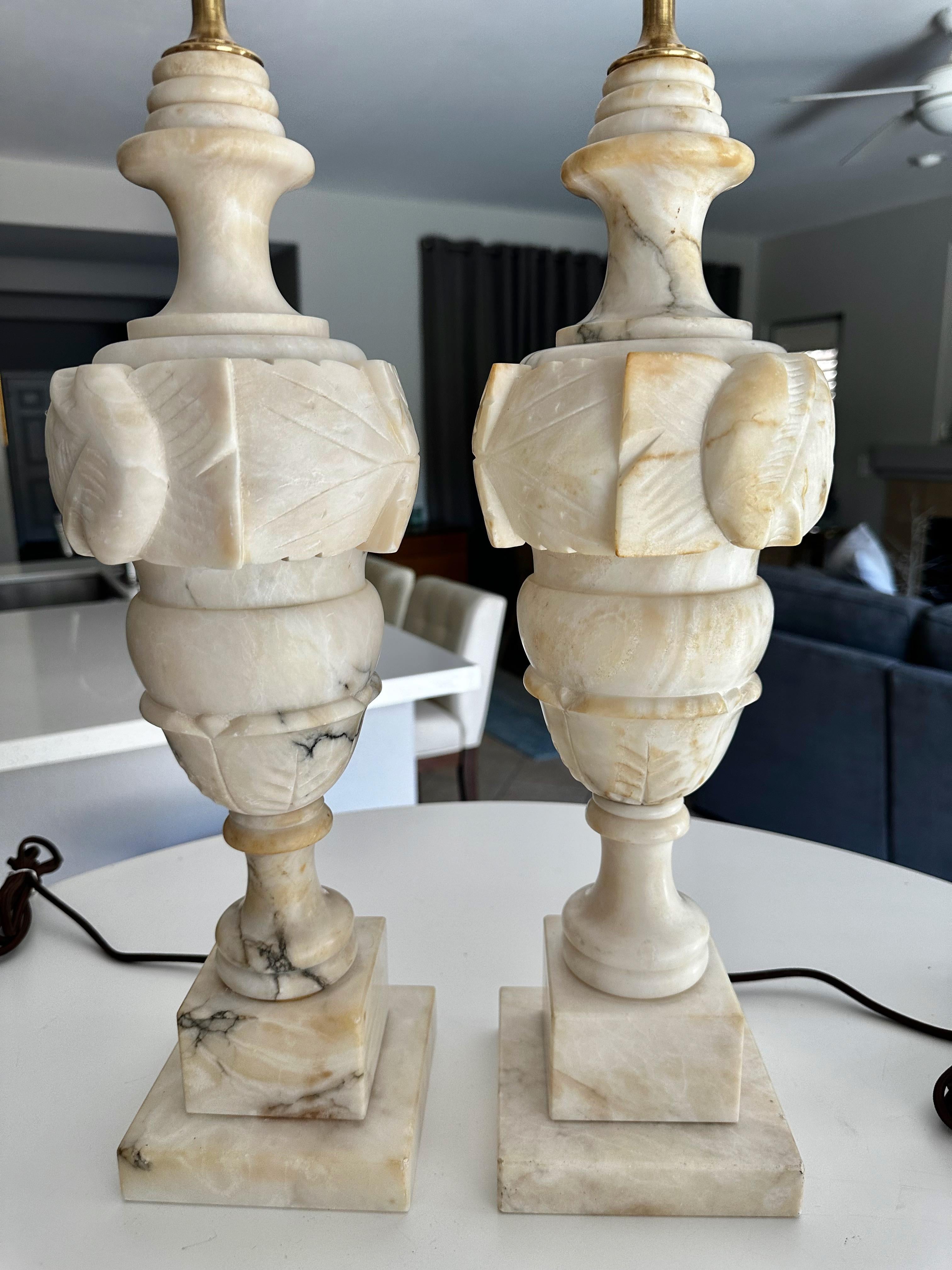 Pair Italian Neoclassic Urn Alabaster Table Lamps For Sale 1