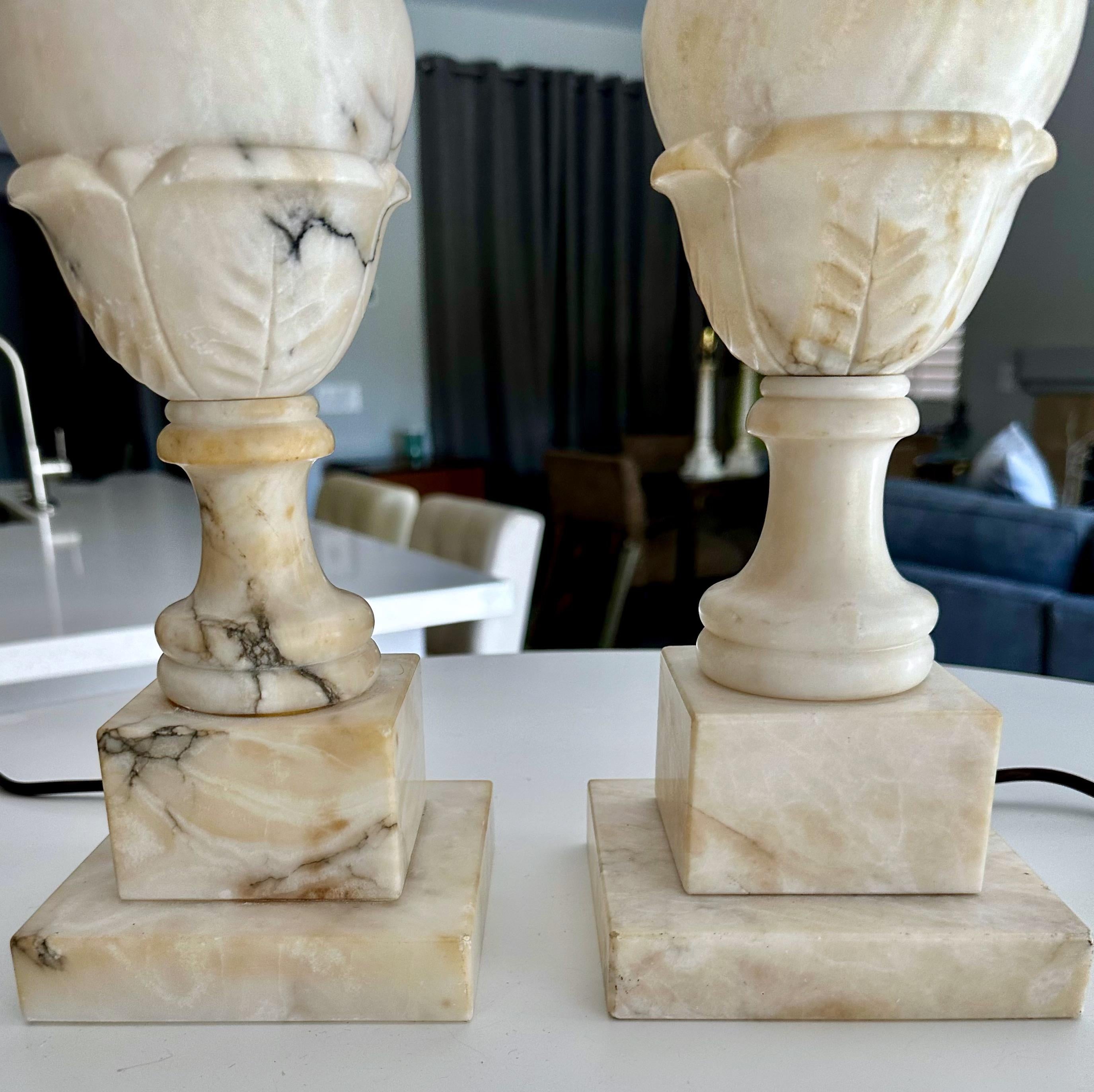 Pair Italian Neoclassic Urn Alabaster Table Lamps For Sale 3