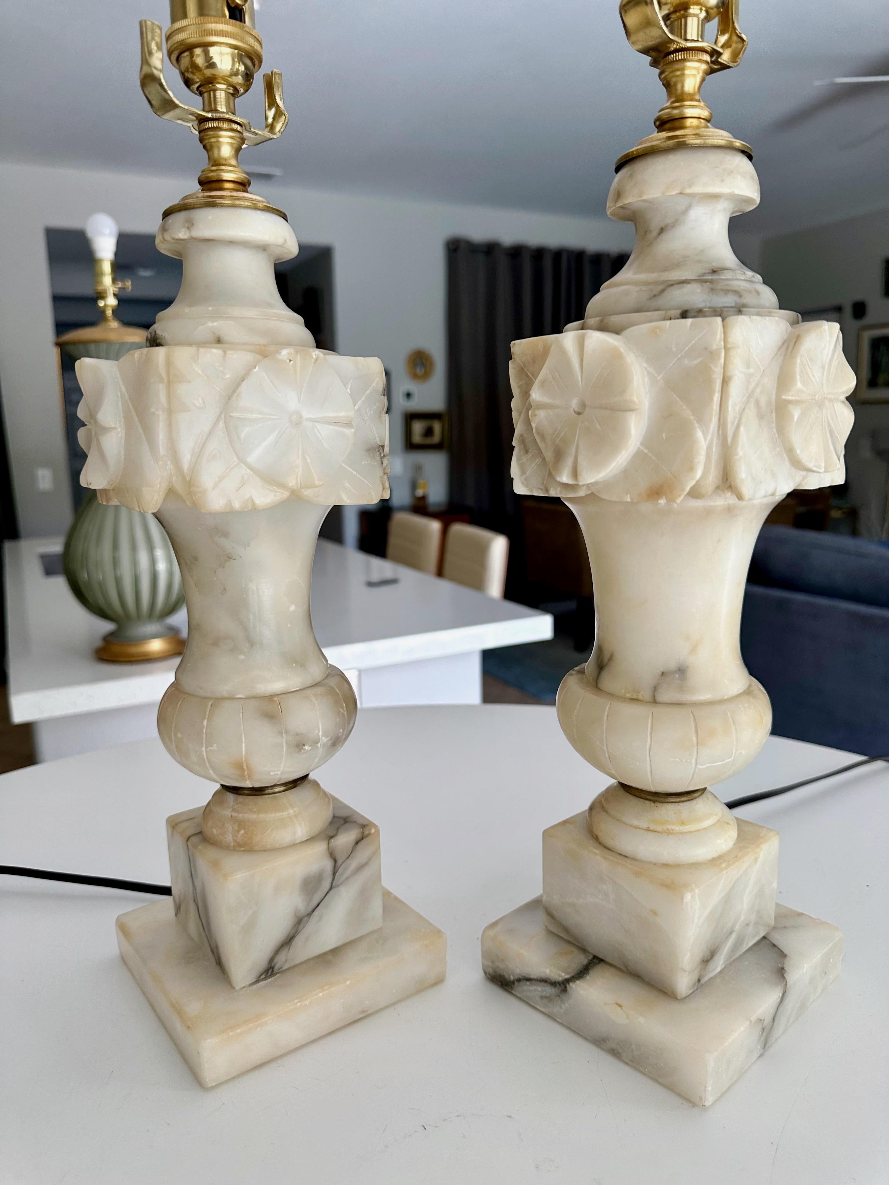 Pair Italian Neoclassic Urn Alabaster Table Lamps 10