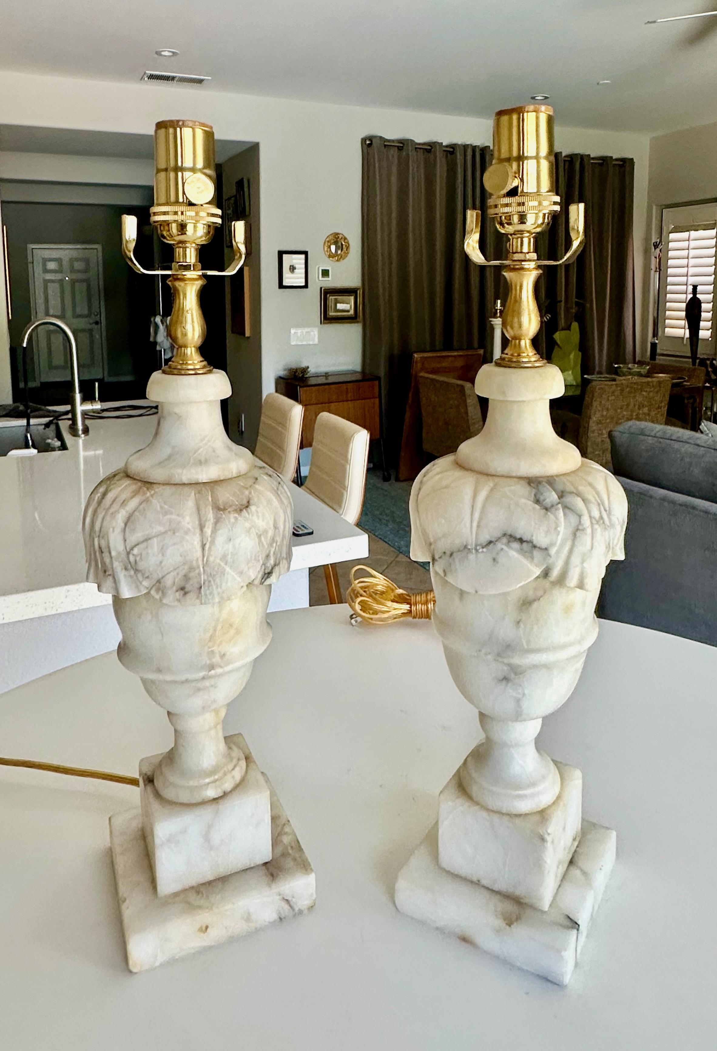 Pair Italian Neoclassic Urn Alabaster Table Lamps For Sale 12