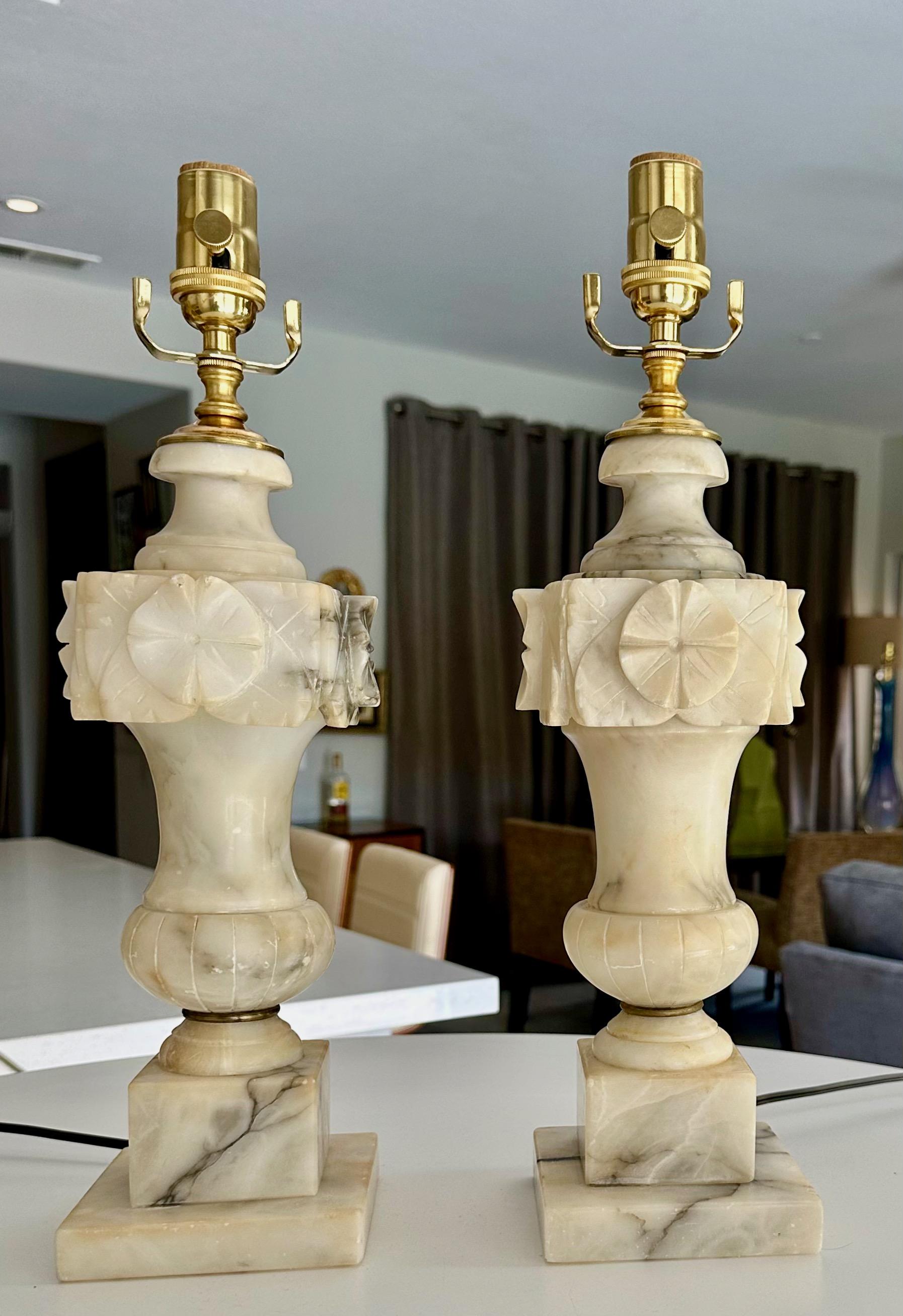 Pair Italian Neoclassic Urn Alabaster Table Lamps 13
