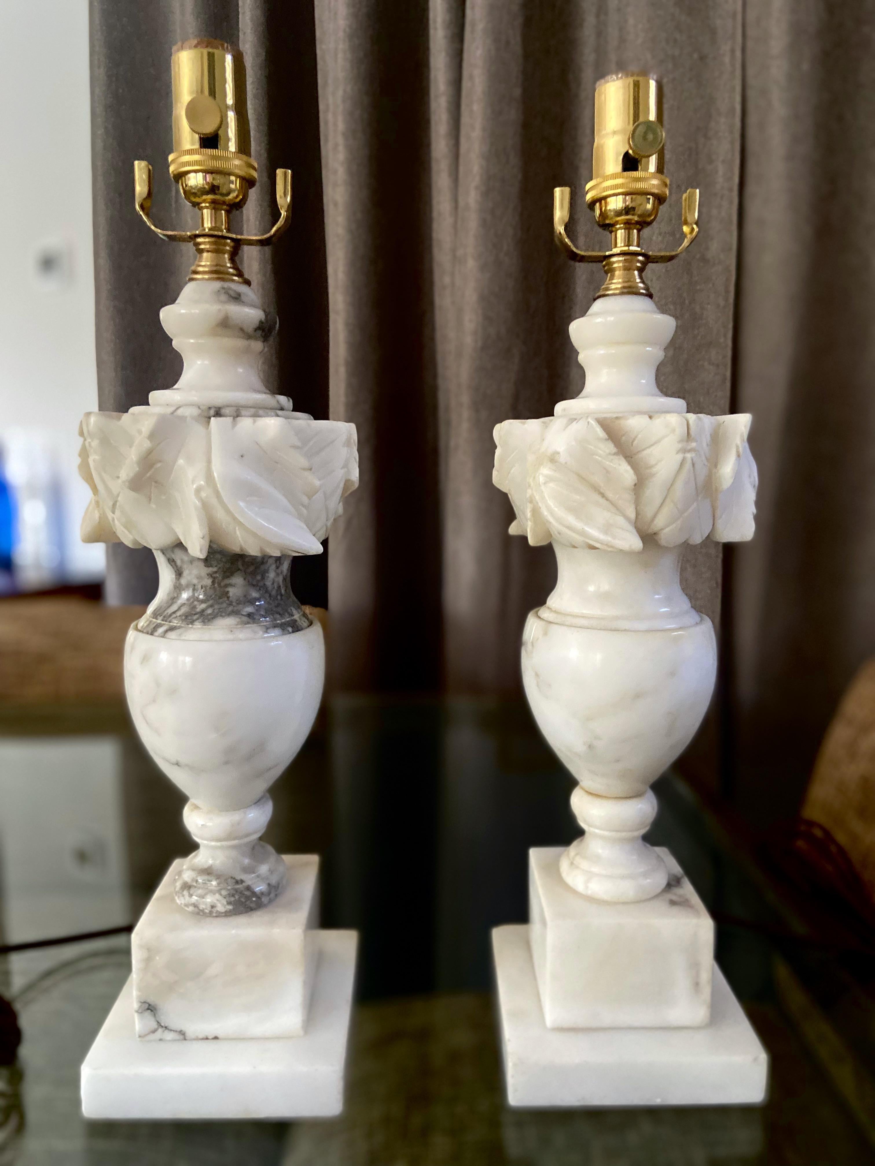 Classical Greek Pair Italian Neoclassic Urn Alabaster Table Lamps