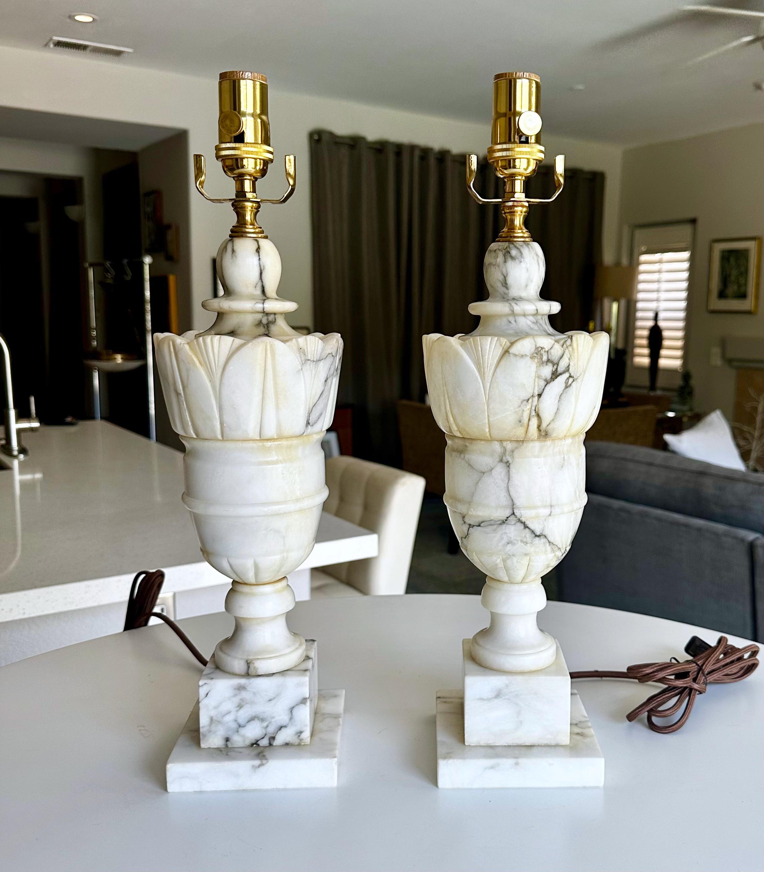 Classical Greek Pair Italian Neoclassic Urn Alabaster Table Lamps