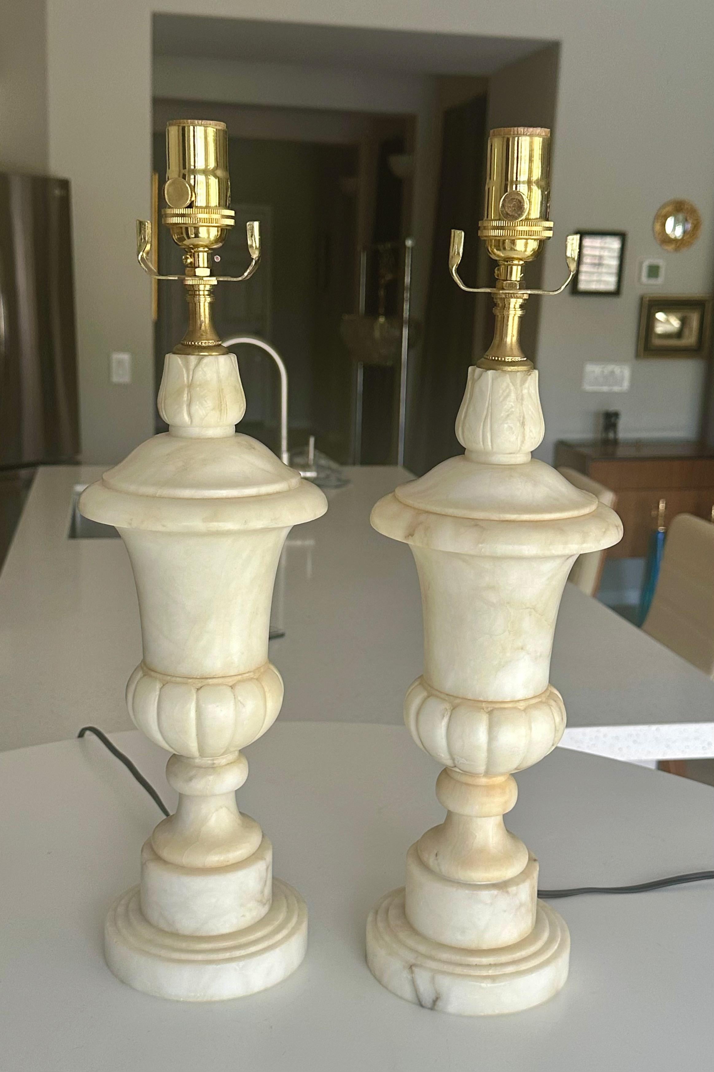 Classical Greek Pair Italian Neoclassic Urn Alabaster Table Lamps