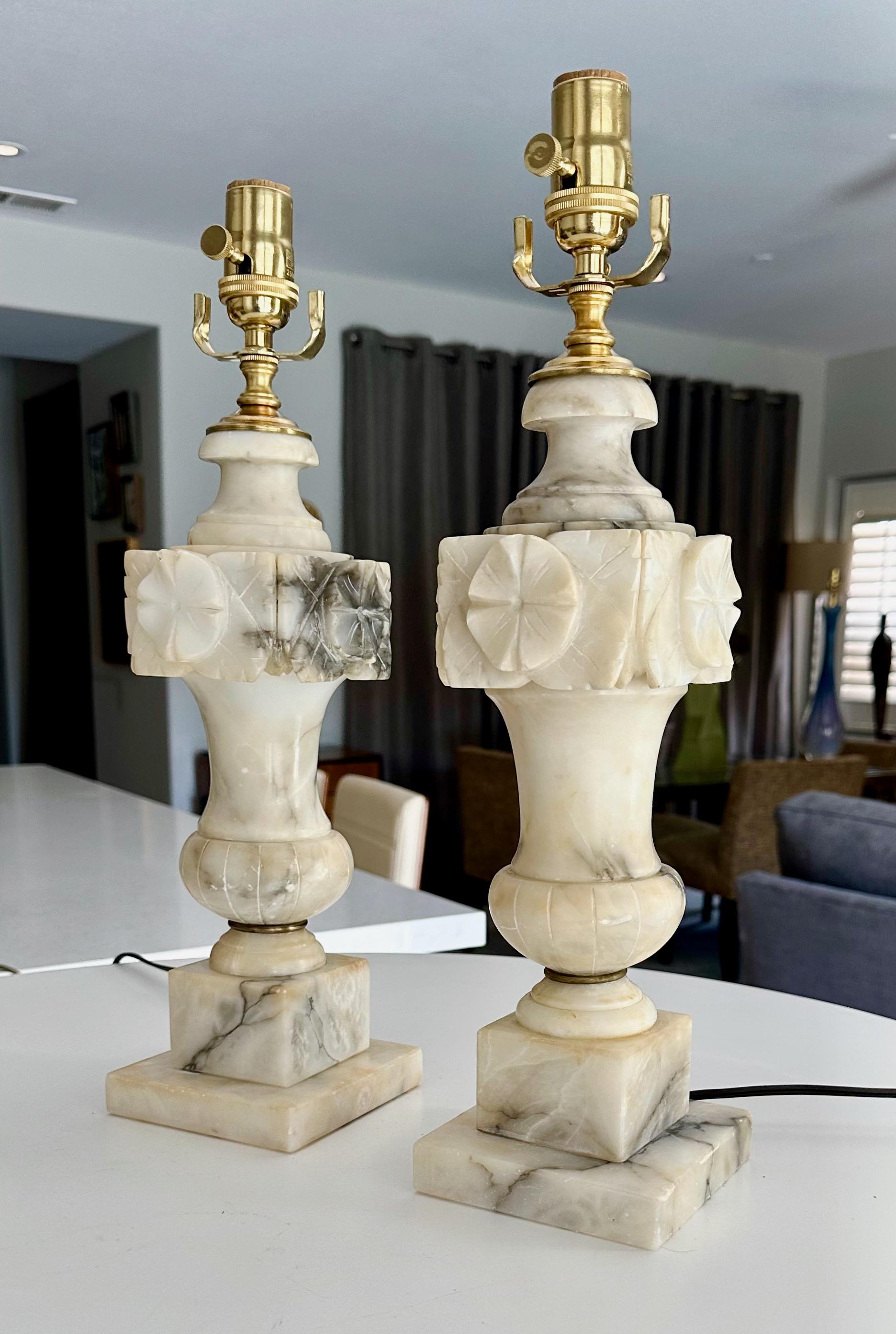Classical Greek Pair Italian Neoclassic Urn Alabaster Table Lamps