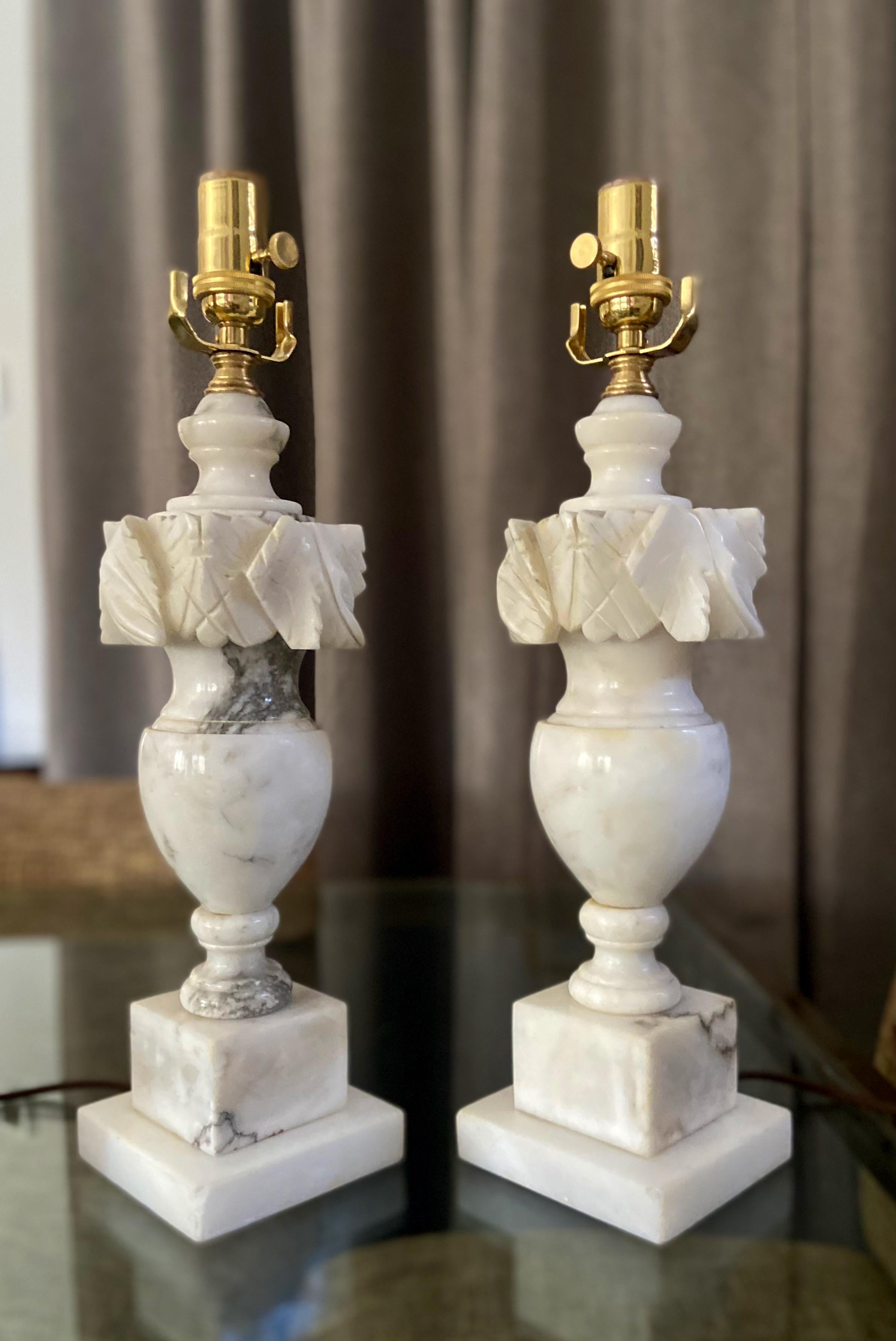 Pair Italian Neoclassic Urn Alabaster Table Lamps In Good Condition In Palm Springs, CA