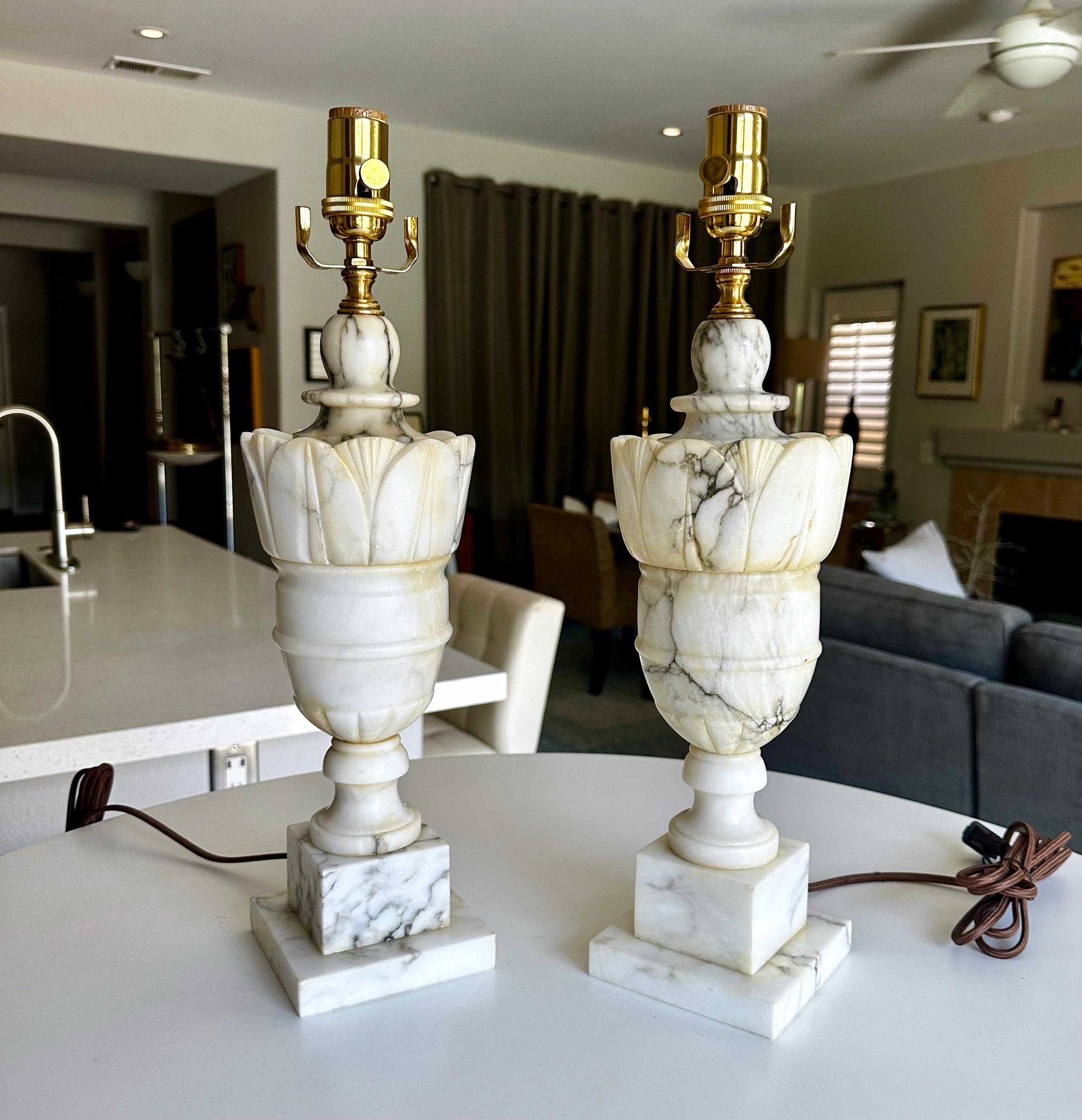 Pair Italian Neoclassic Urn Alabaster Table Lamps In Good Condition In Palm Springs, CA