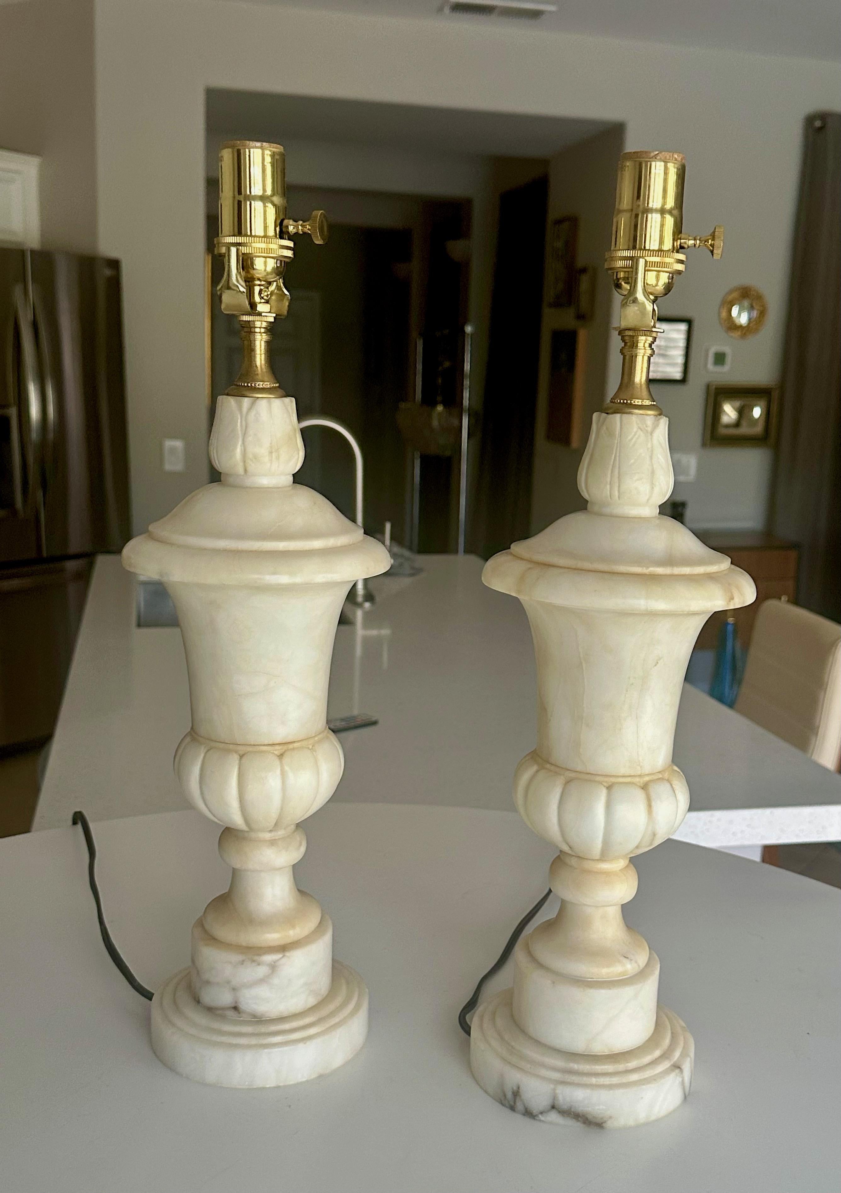 Pair Italian Neoclassic Urn Alabaster Table Lamps In Good Condition In Palm Springs, CA