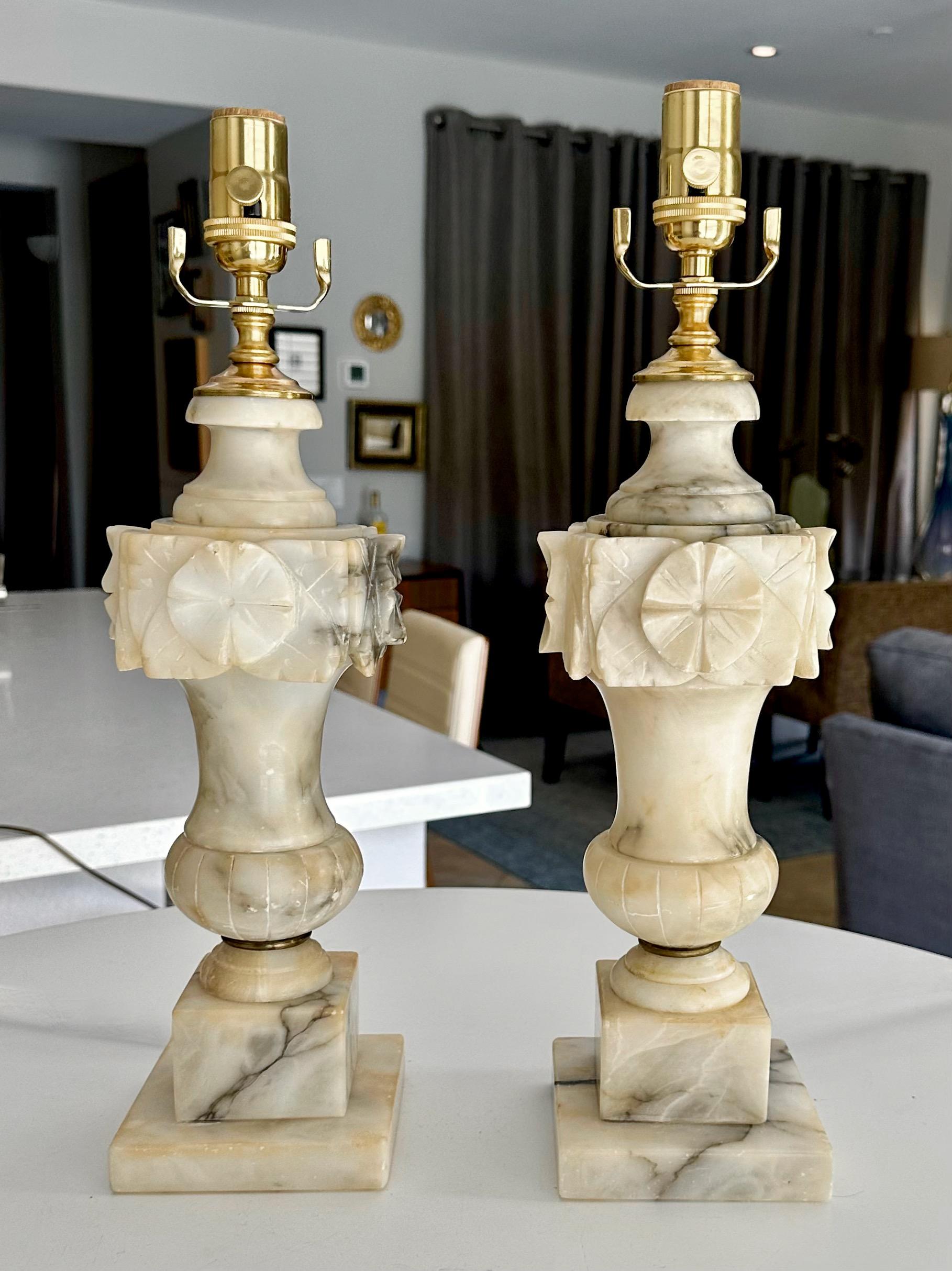 Pair Italian Neoclassic Urn Alabaster Table Lamps In Good Condition In Palm Springs, CA