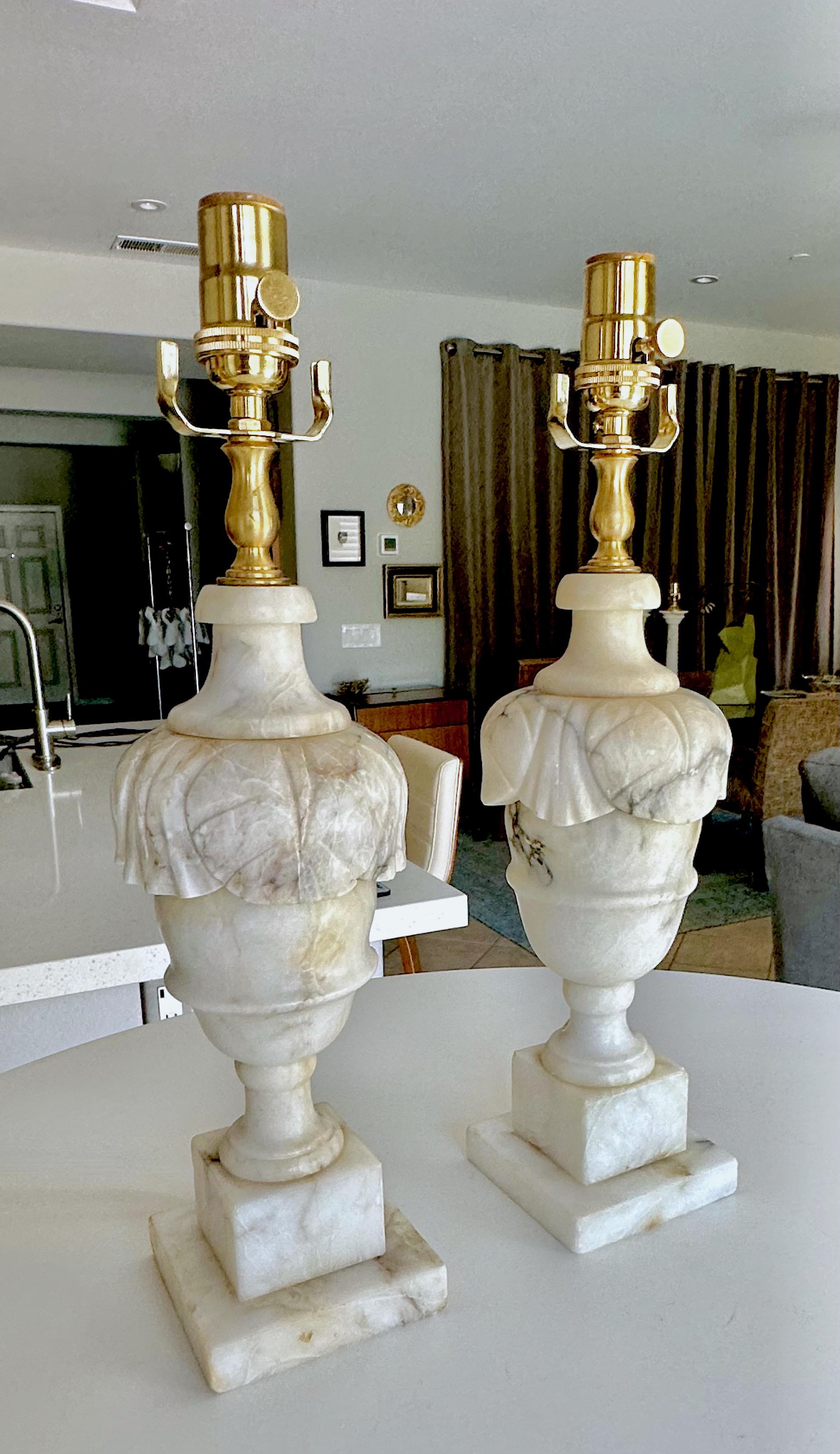 Pair Italian Neoclassic Urn Alabaster Table Lamps In Good Condition For Sale In Palm Springs, CA
