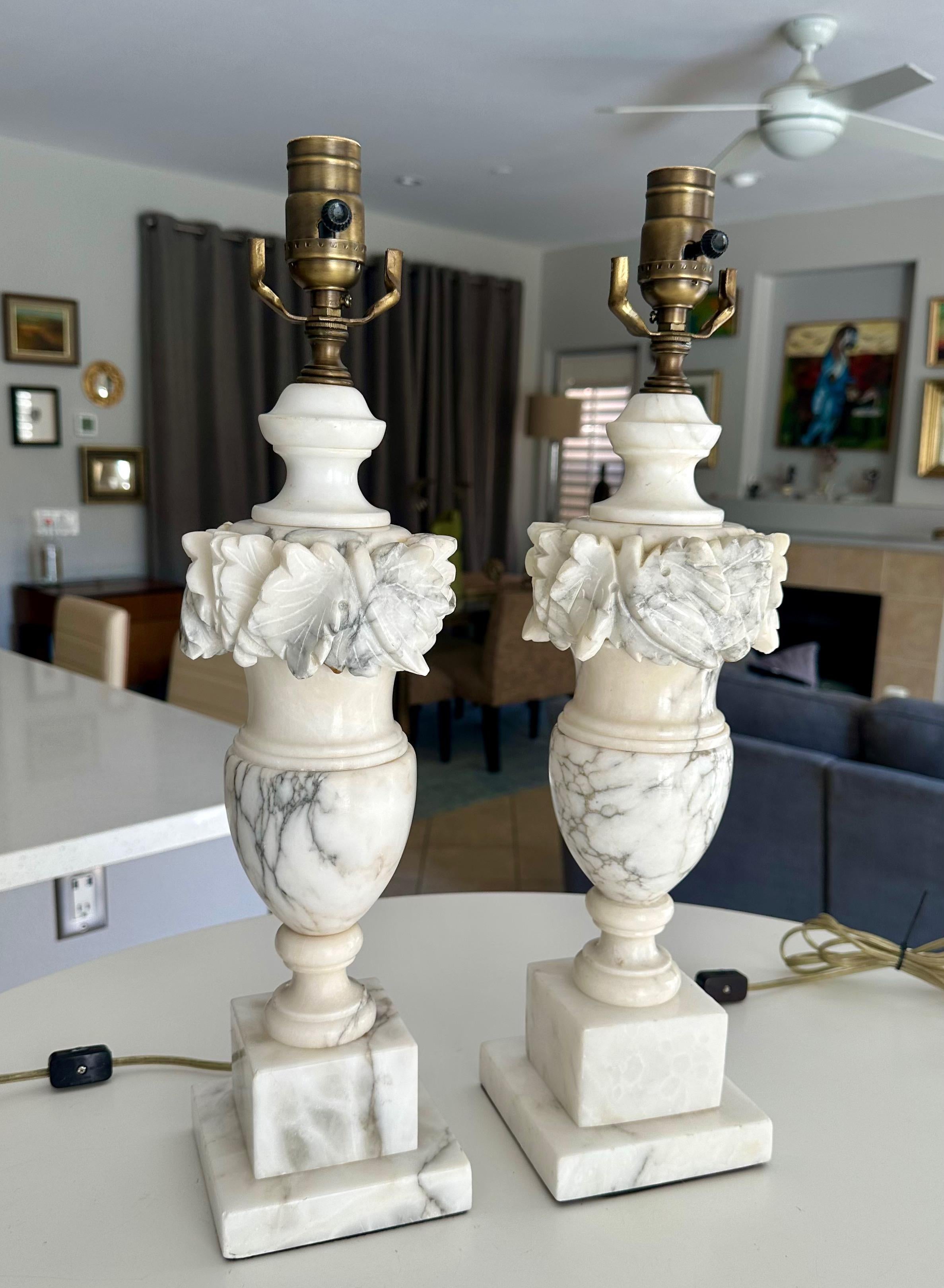Pair Italian Neoclassic Urn Alabaster Table Lamps In Good Condition For Sale In Palm Springs, CA