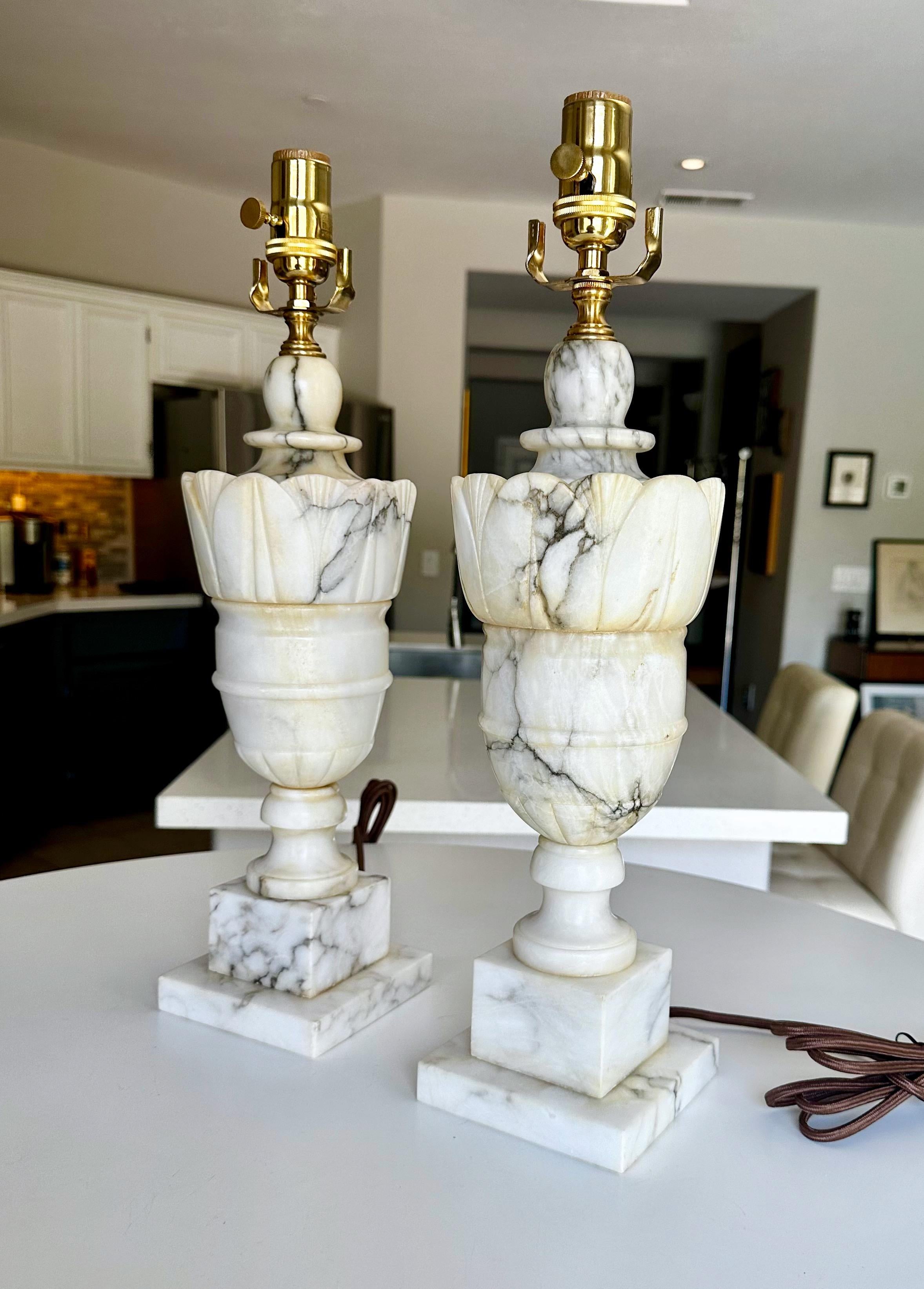 Mid-20th Century Pair Italian Neoclassic Urn Alabaster Table Lamps