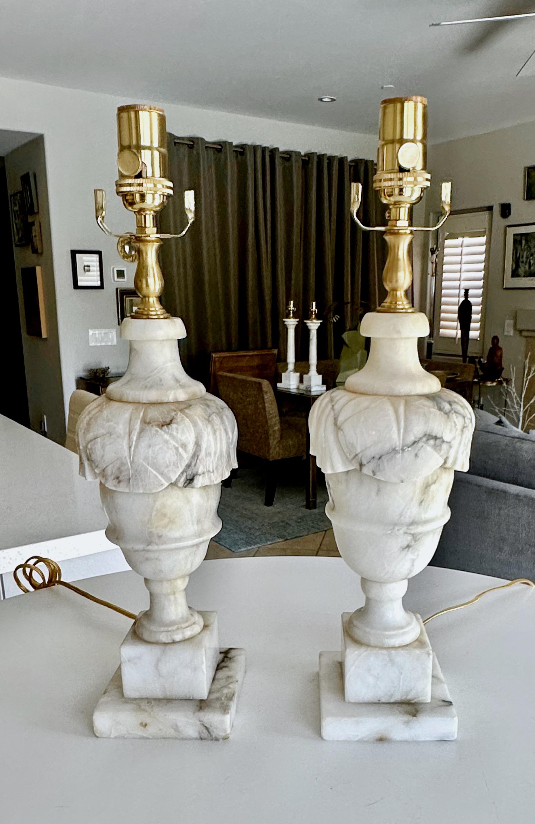 Mid-20th Century Pair Italian Neoclassic Urn Alabaster Table Lamps For Sale