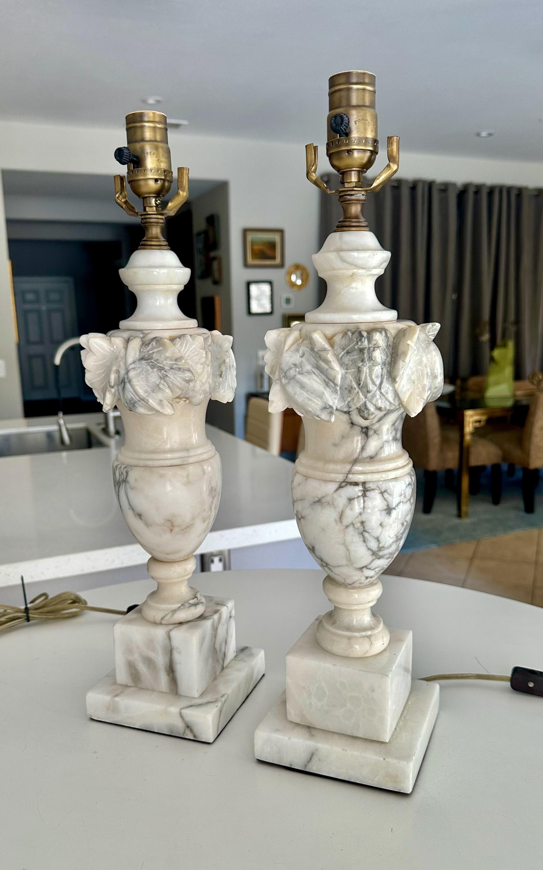 Mid-20th Century Pair Italian Neoclassic Urn Alabaster Table Lamps For Sale