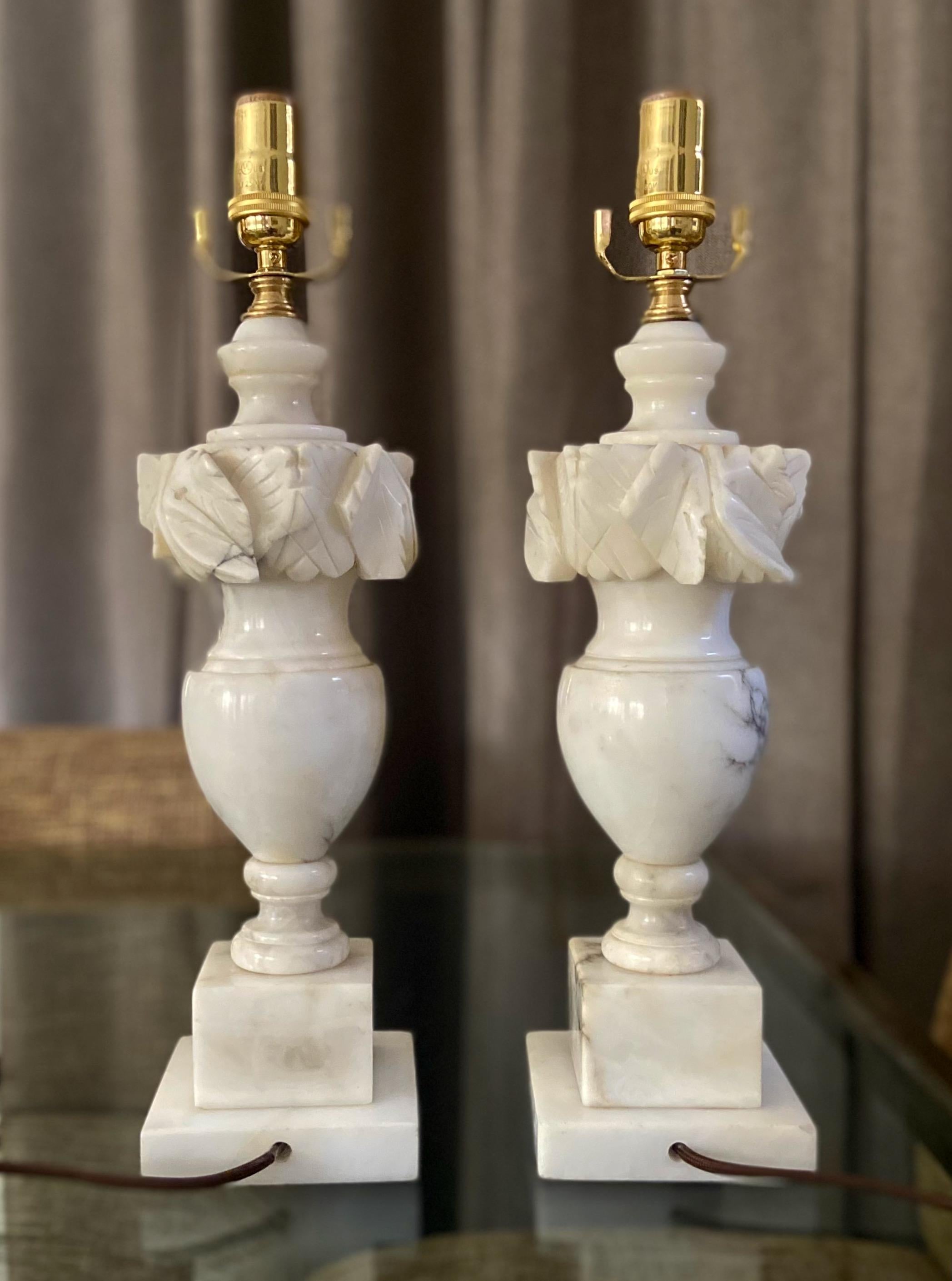 Brass Pair Italian Neoclassic Urn Alabaster Table Lamps