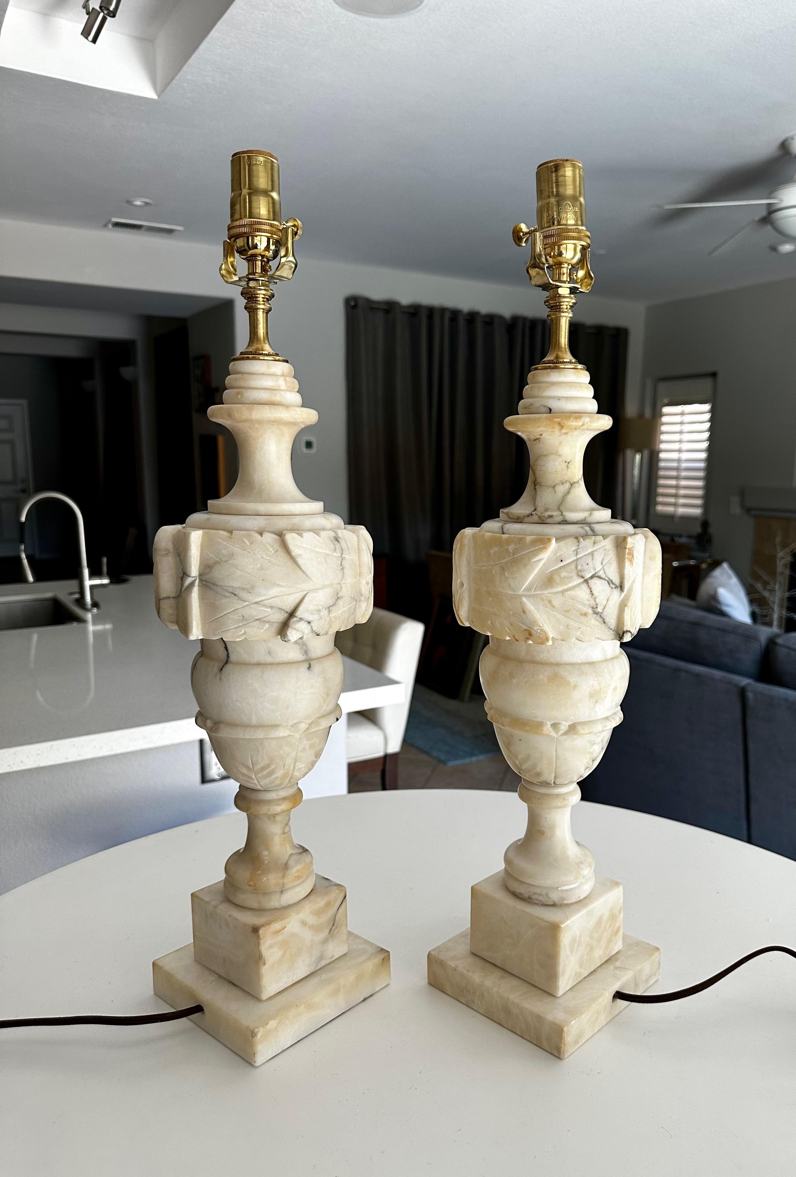 Pair Italian Neoclassic Urn Alabaster Table Lamps In Good Condition For Sale In Palm Springs, CA
