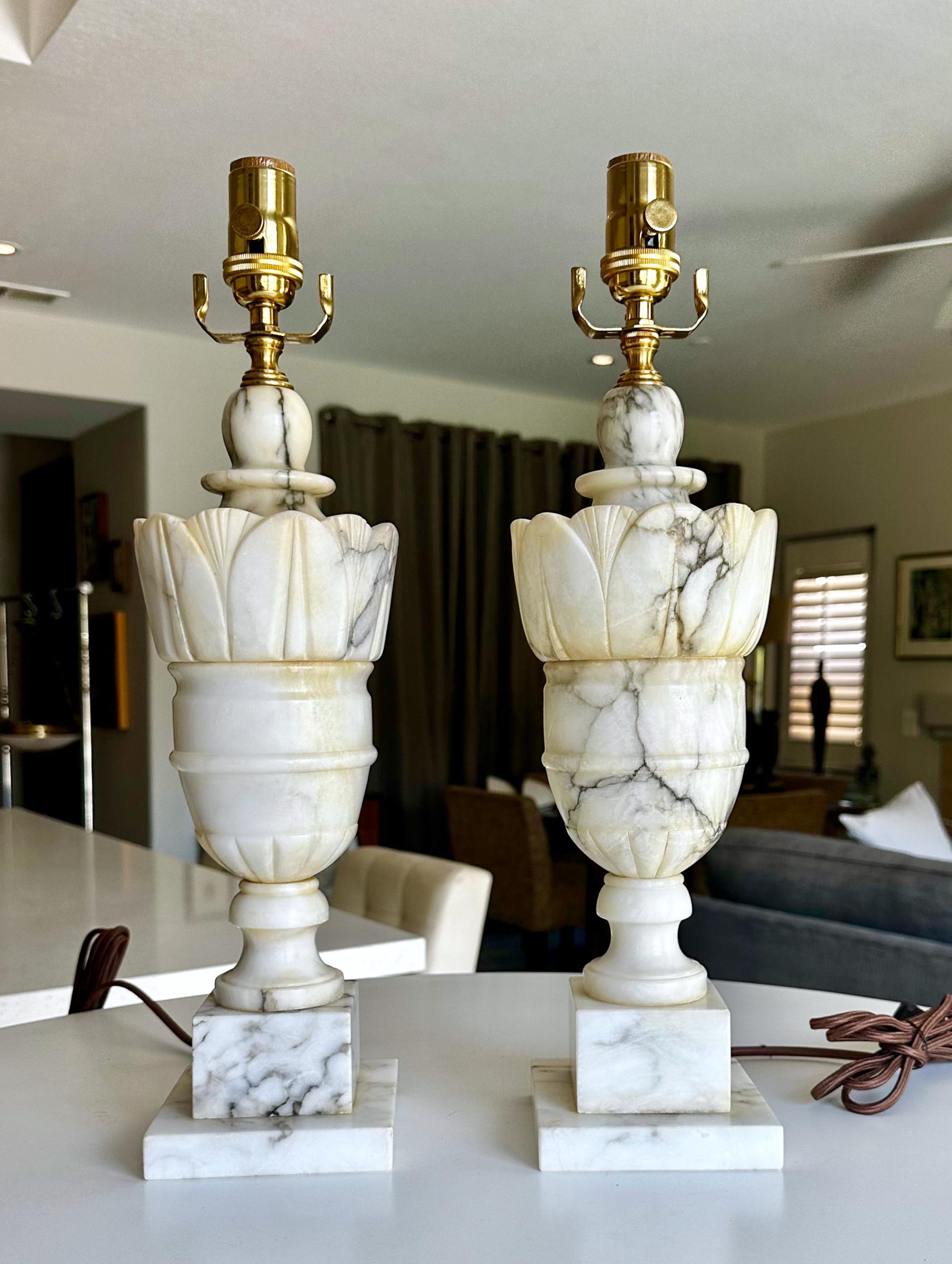 Brass Pair Italian Neoclassic Urn Alabaster Table Lamps