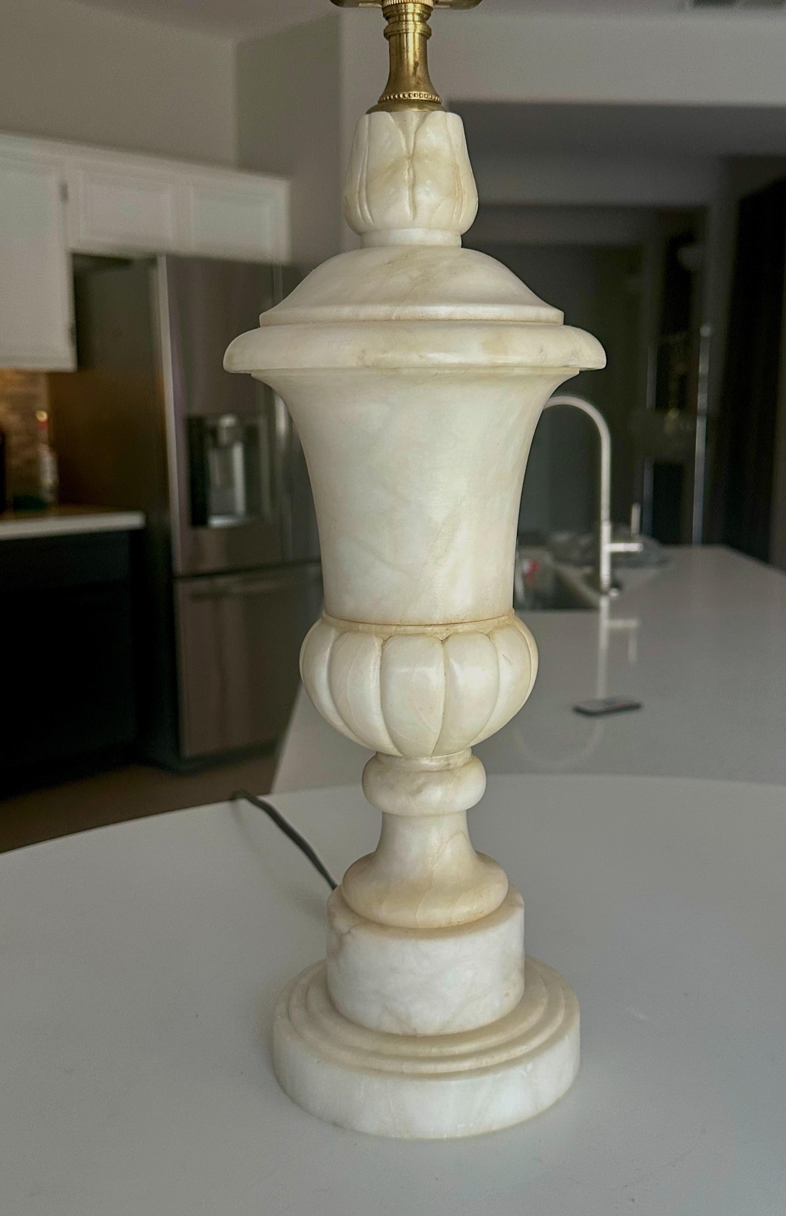 Brass Pair Italian Neoclassic Urn Alabaster Table Lamps