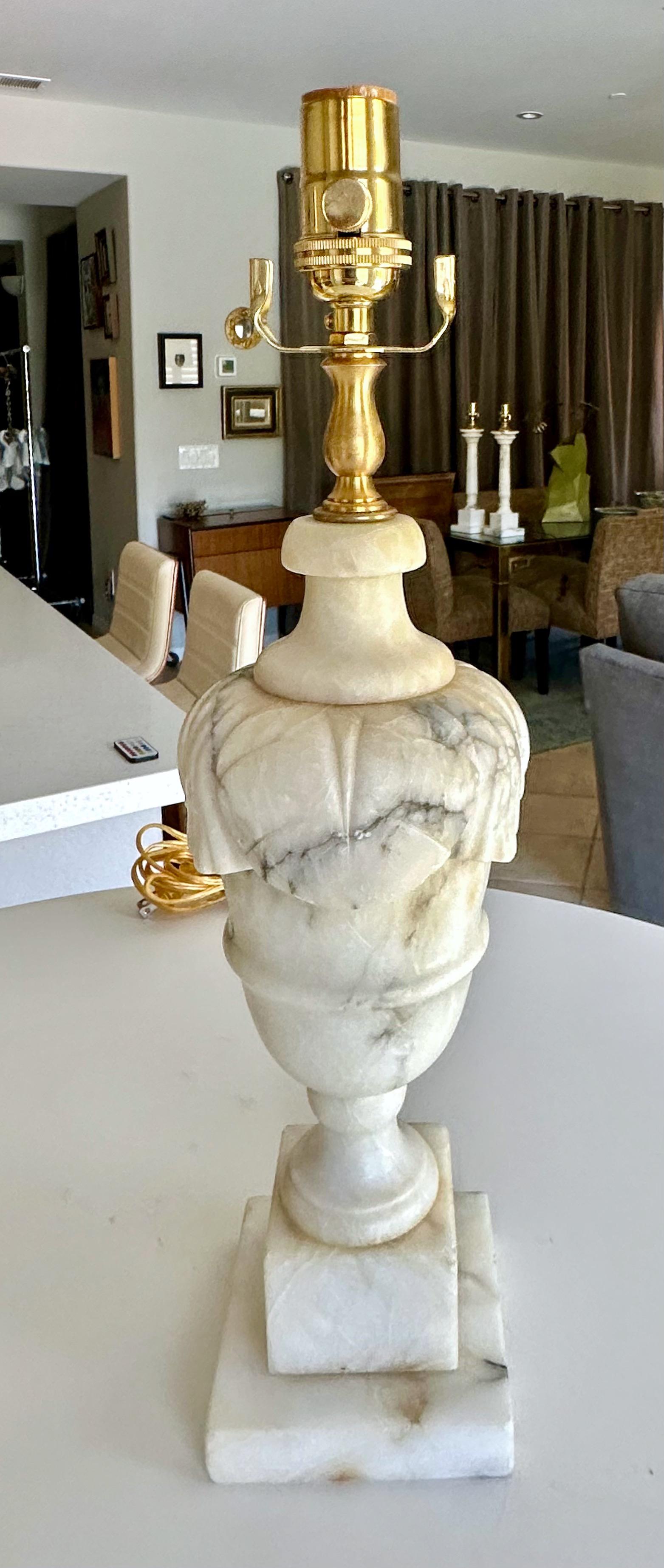 Brass Pair Italian Neoclassic Urn Alabaster Table Lamps For Sale