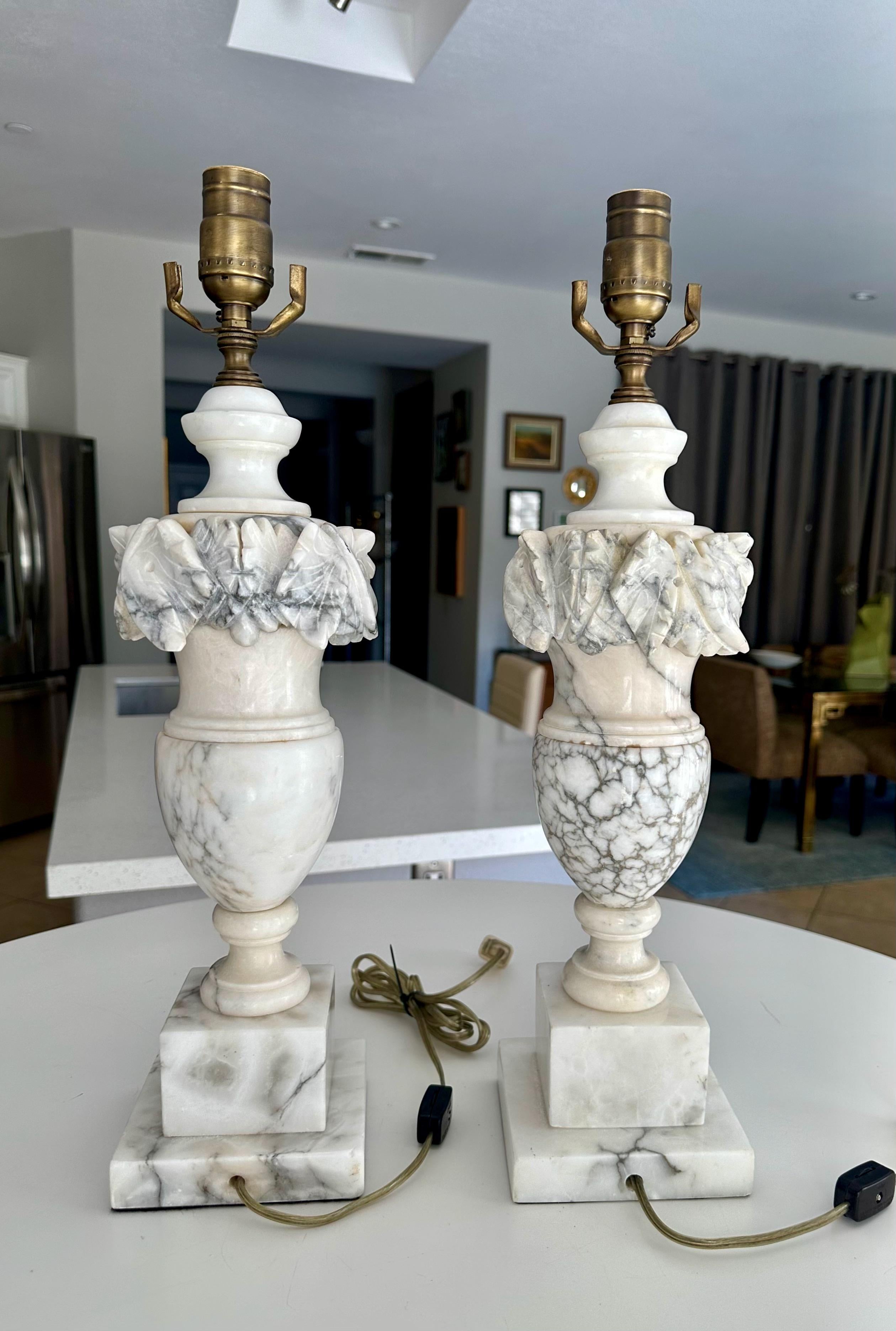 Brass Pair Italian Neoclassic Urn Alabaster Table Lamps For Sale